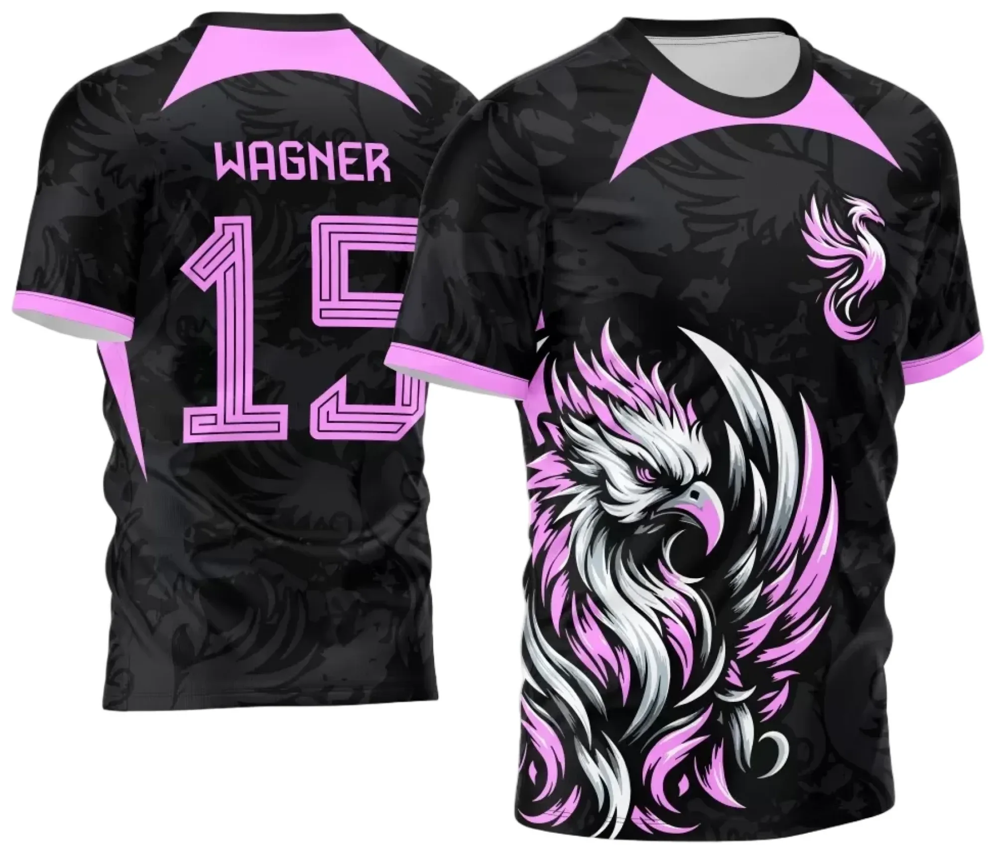 Camiseta unissex preta com logo no peito e estampa grande nas costas retratando o tema Camisa Interclasse Jogos Internos 2024 Fênix Modelo 2, ideal para eventos esportivos e confraternizações.