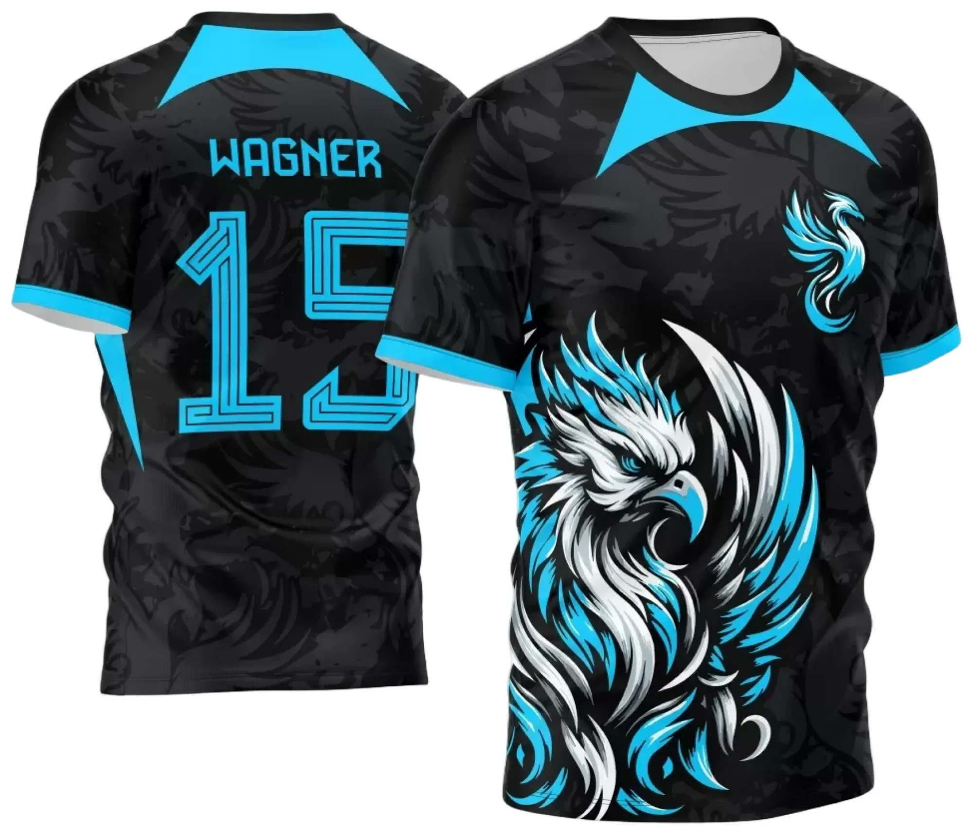 Camiseta unissex preta com logo no peito e estampa grande nas costas, tema Interclasse Jogos Internos 2024 com Fênix modelo 3, ideal para eventos esportivos e confraternizações.