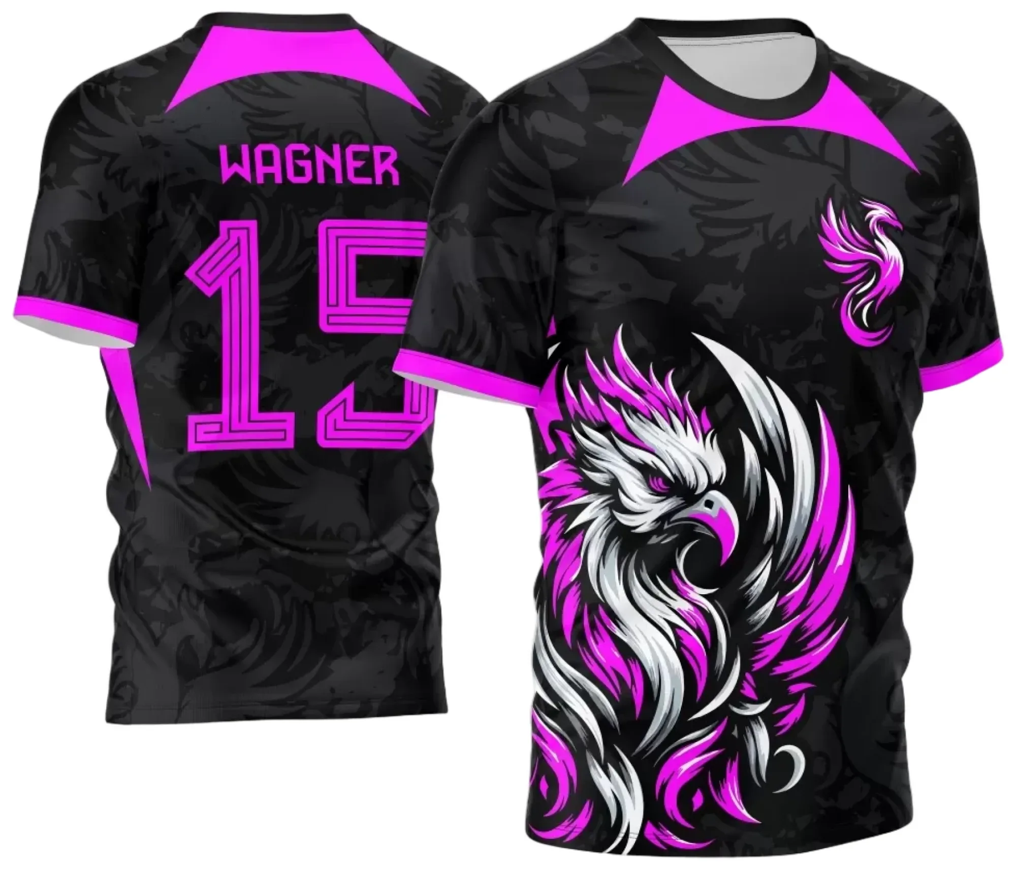 Camiseta unissex preta com logo no peito e estampa grande nas costas em tema Interclasse Jogos Internos 2024 Fênix Modelo 4, destacando estilo esportivo e vibrante para uso em eventos universitários.