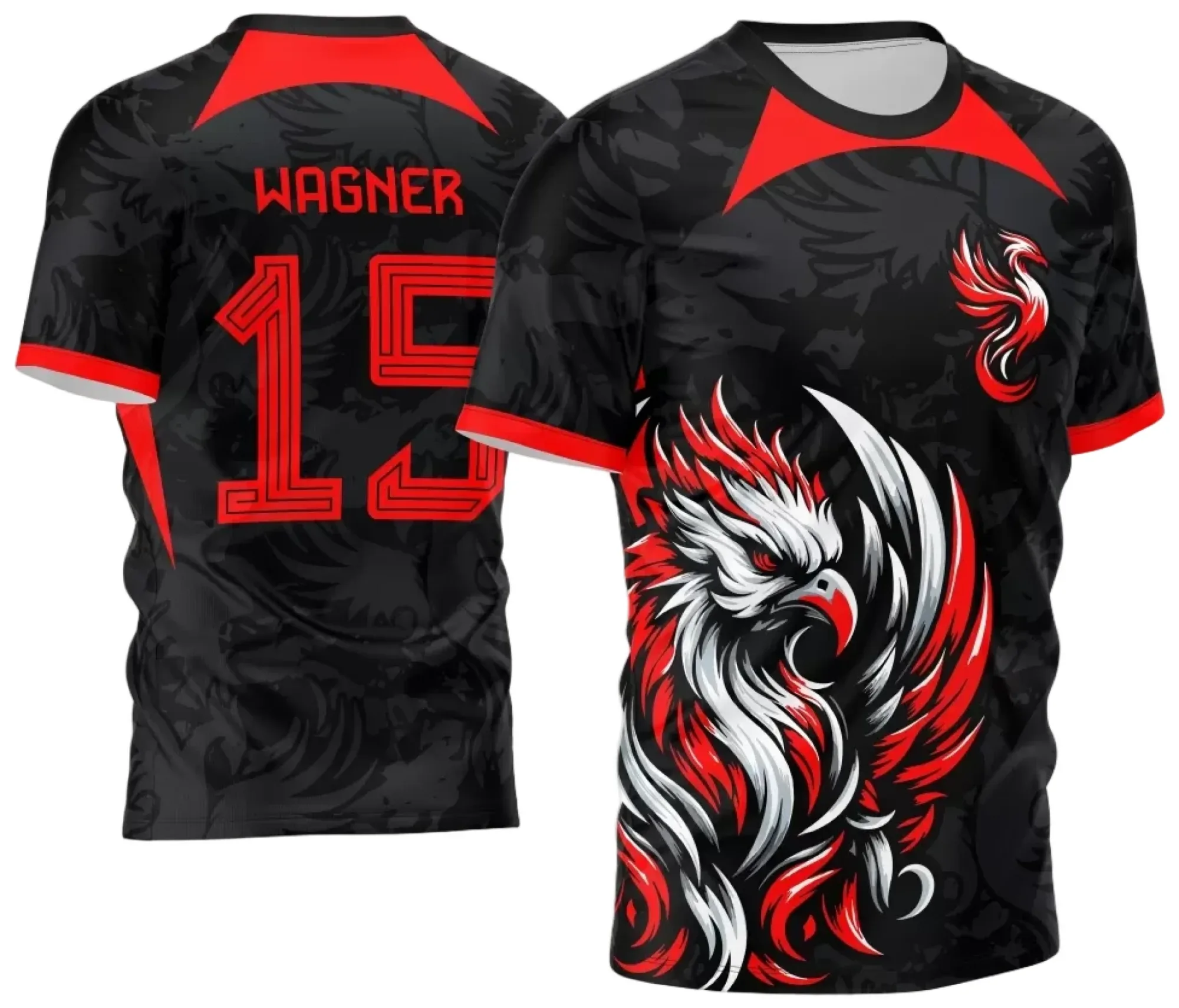 Camiseta unissex preta com logo no peito e estampa grande nas costas inspirada no Jogos Internos Interclasse 2024 Fênix modelo 5, perfeita para eventos escolares e esportivos.