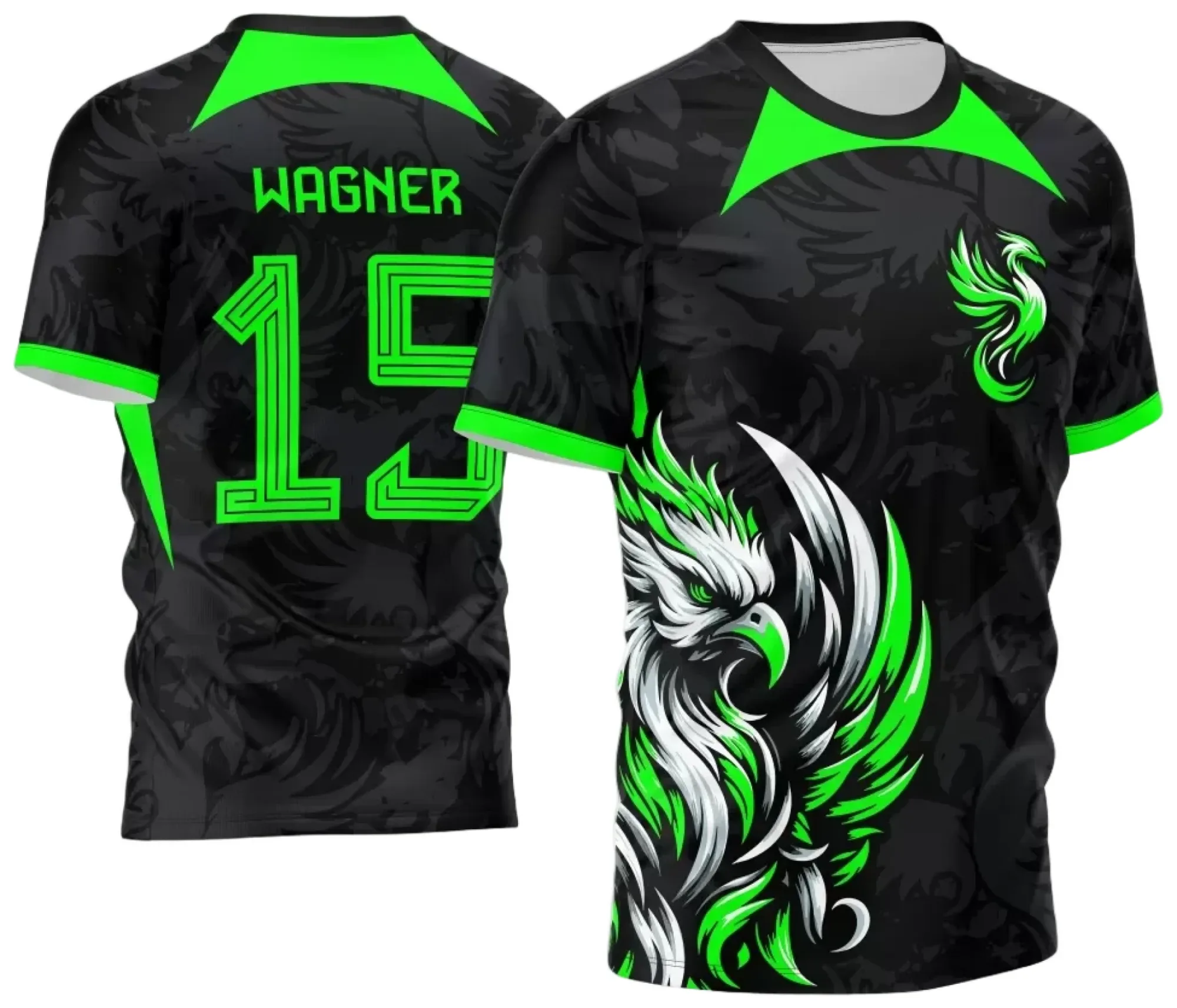 Camiseta unissex preta com logo no peito e estampa grande nas costas, tema Jogos Internos Interclasse 2024 Fênix Modelo 6, estilo esportivo e moderno.