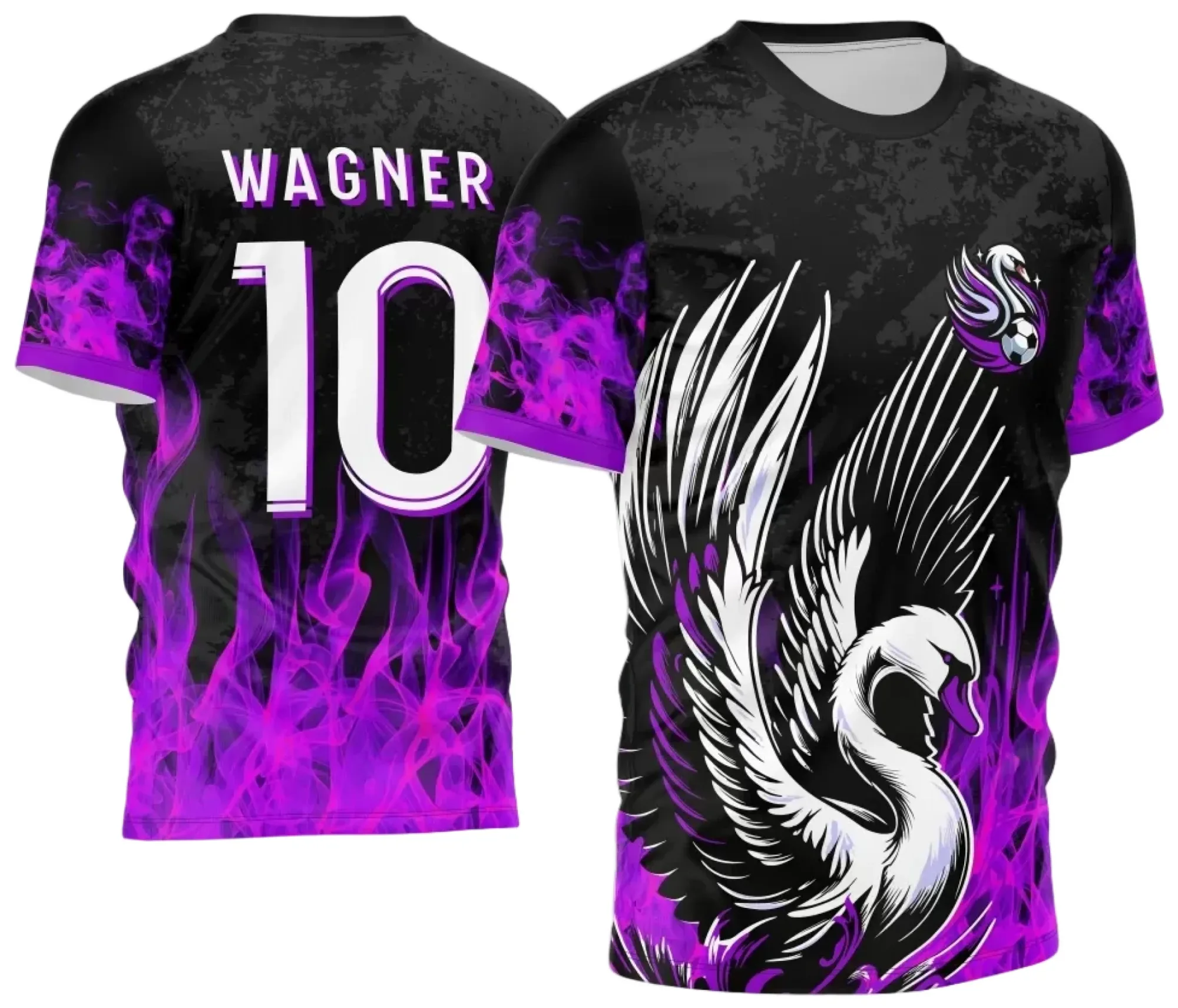 Foto da camiseta unissex branca com logo no peito e estampa grande nas costas, tema Interclasse Cisne 2024, design moderno e vibrante ideal para eventos escolares e confraternizações.