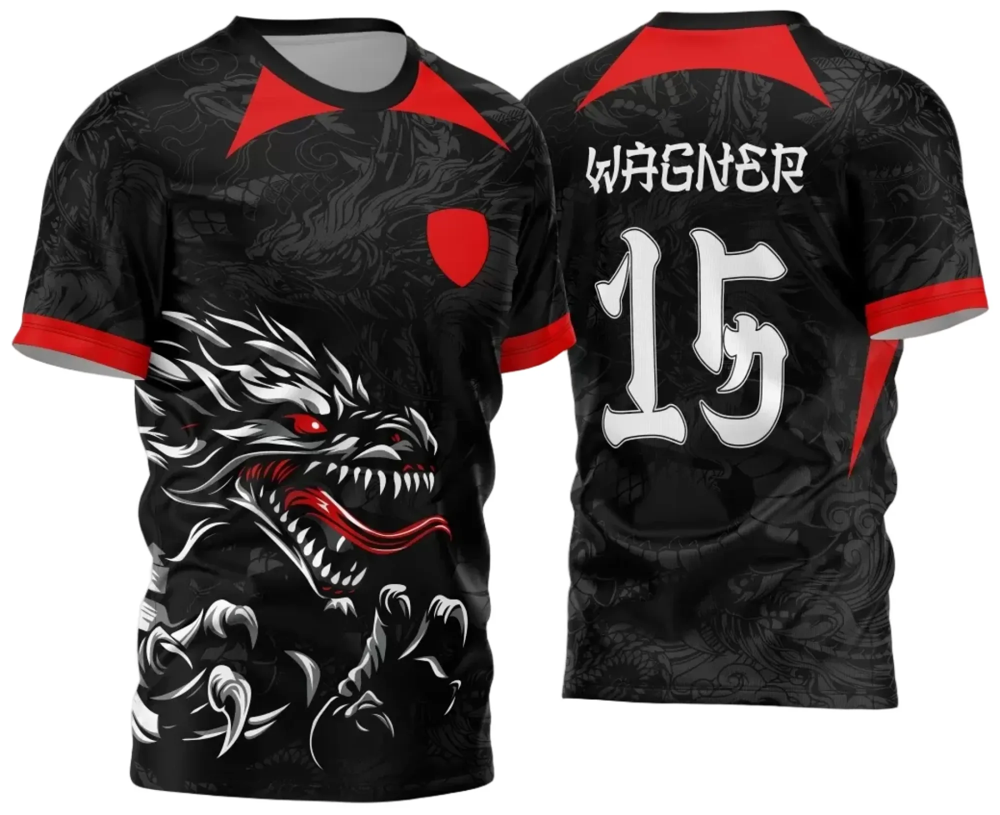 Camiseta unissex preta com logo no peito e estampa grande nas costas temática Interclasse Jogos Internos 2024, inspirada no Dragão Cinza, design moderno e marcante.