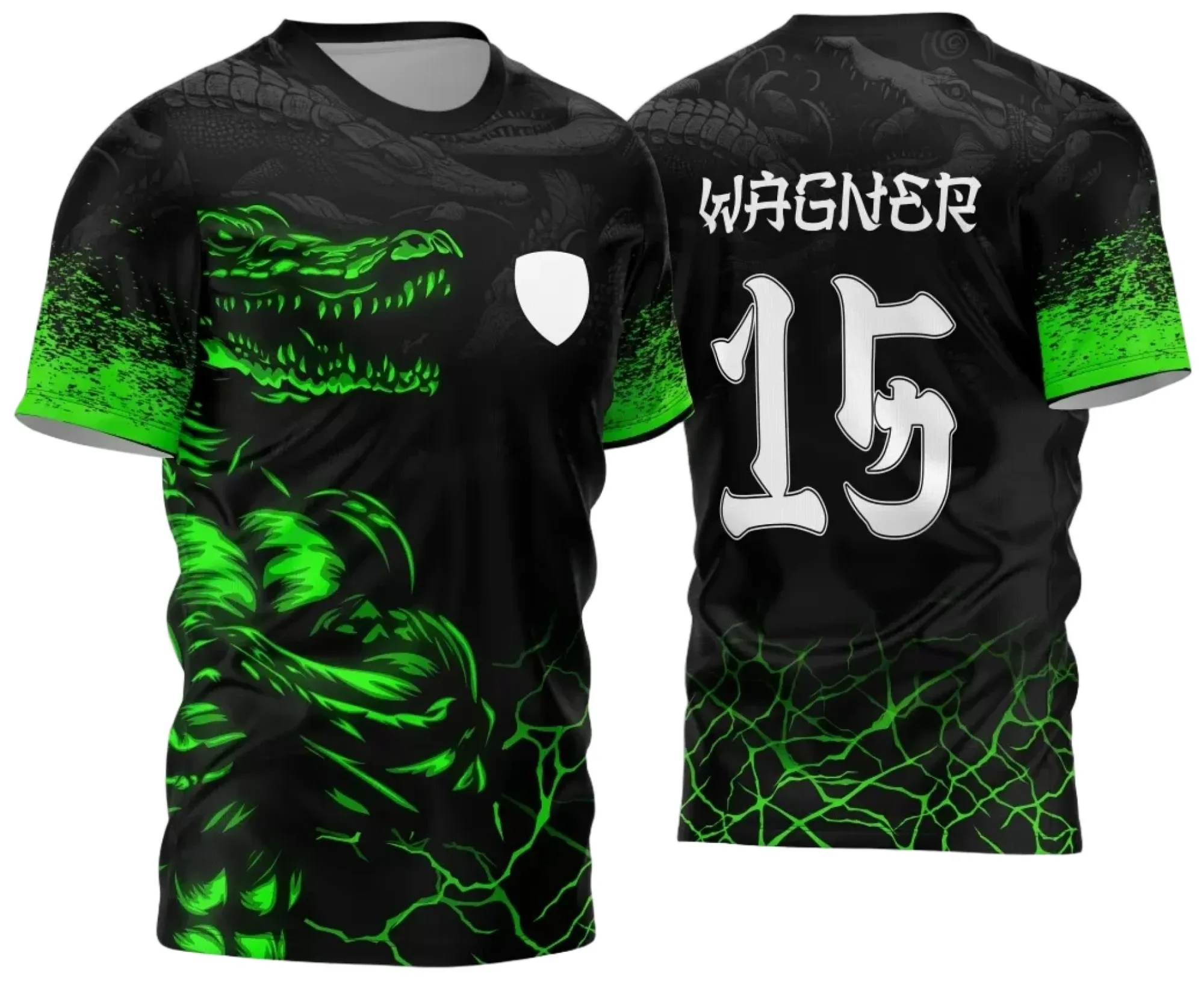 Camiseta unissex preta com logo no peito e estampa grande nas costas mostrando o tema Jogos Internos 2024 com design de crocodilo para torcida e eventos escolares.