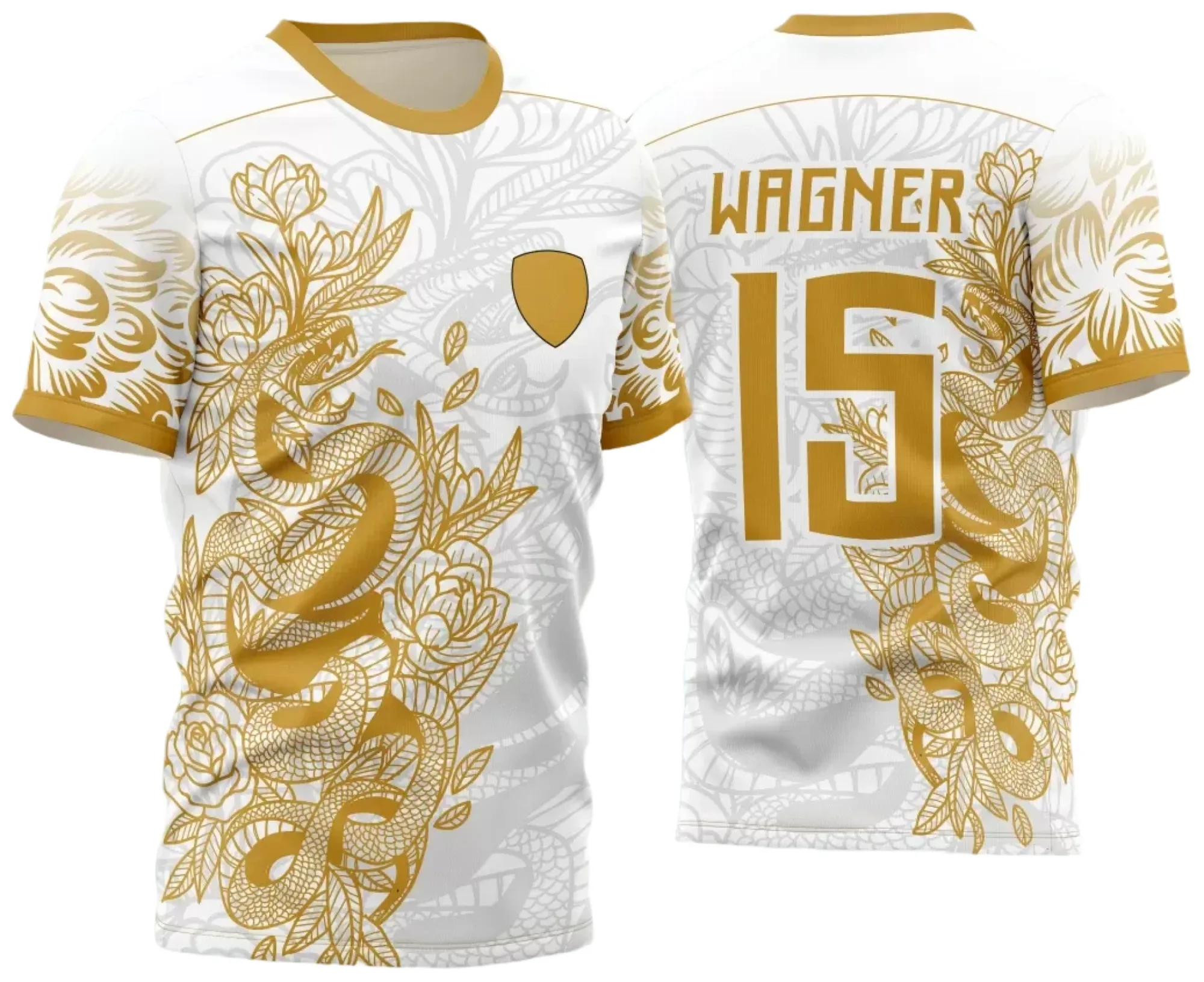 Camiseta unissex preta com logo no peito e estampa grande nas costas da Cobra Serpente para Jogos Internos 2024, design moderno e vibrante para evento de competição escolar interclasse.