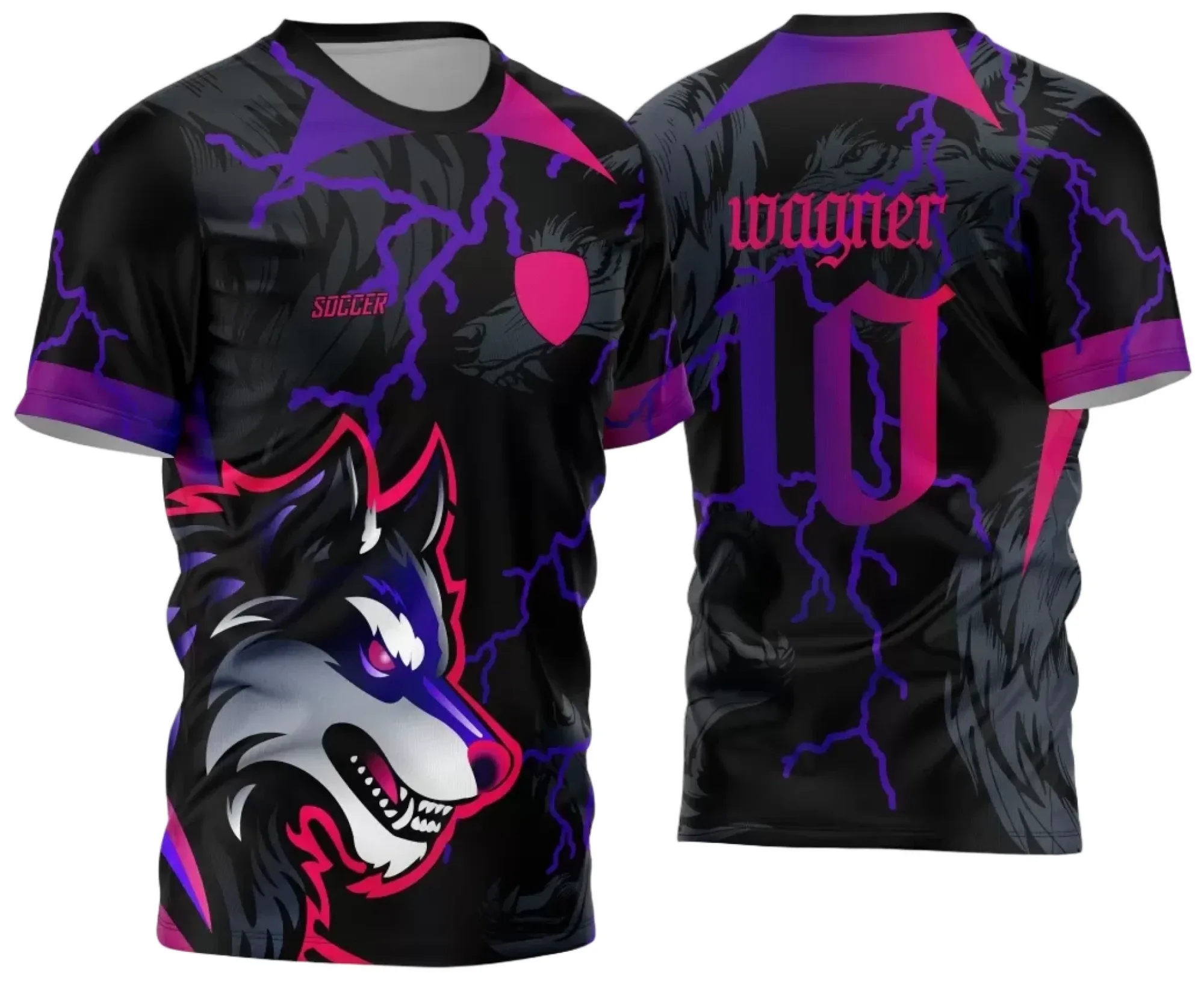 Camiseta unissex preta com logo no peito e estampa grande nas costas, temática dos Jogos Internos 2024 Interclasse com design do Lobo Modelo 6