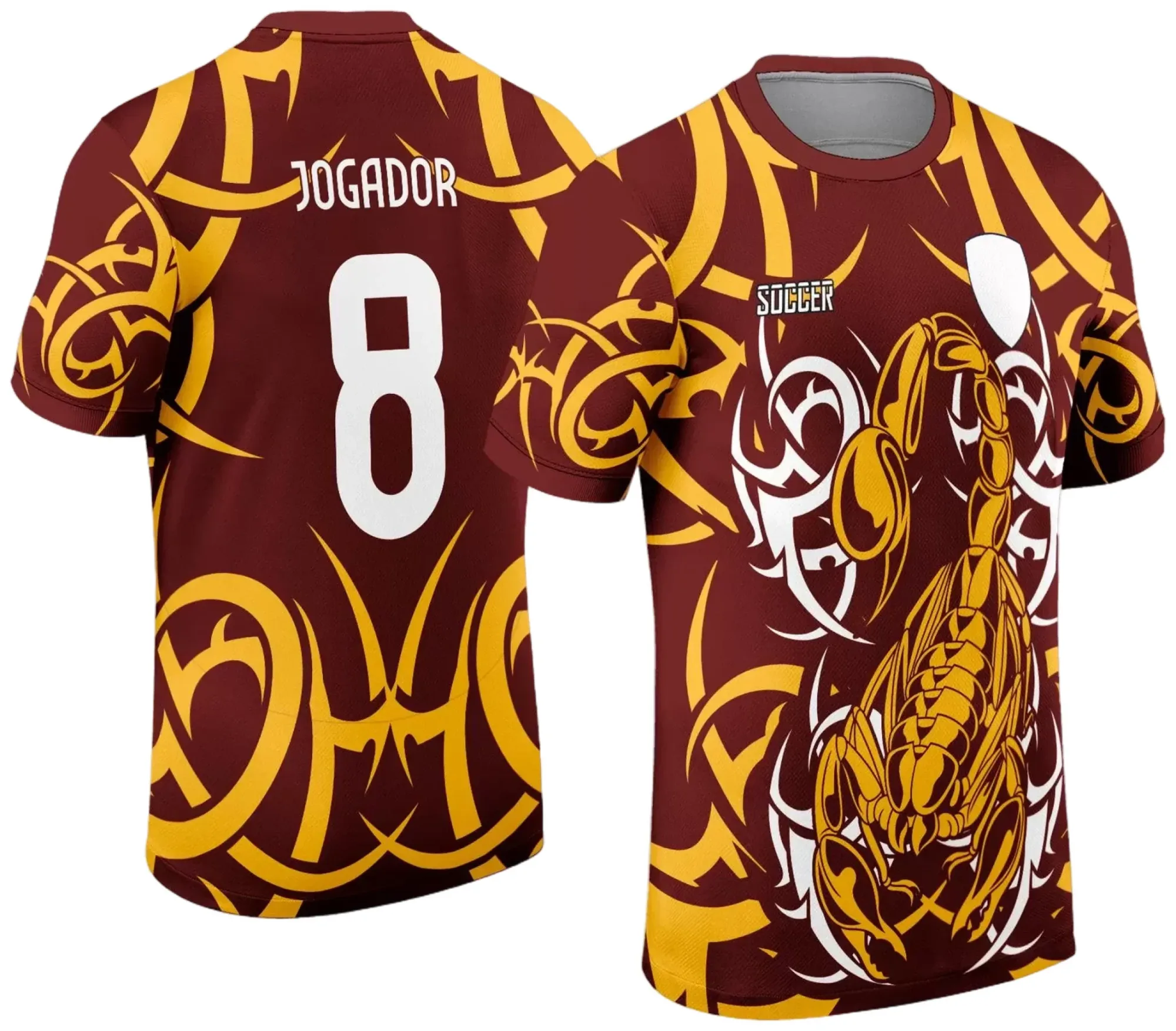 Camiseta unissex preta com logo no peito e estampa grande nas costas, destacando o tema Interclasse Jogos Internos 2024 com o signo Escorpião no modelo 2.