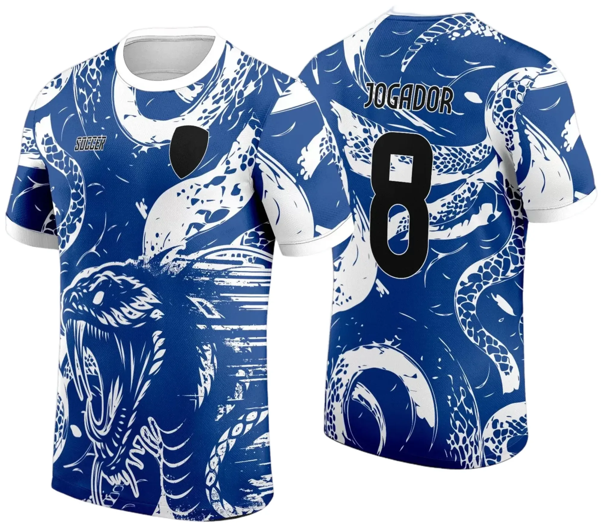 Camiseta unissex preta com logo no peito e estampa grande nas costas do tema Cobra Serpente, para jogos internos 2024 interclasse, visual moderno e vibrante.