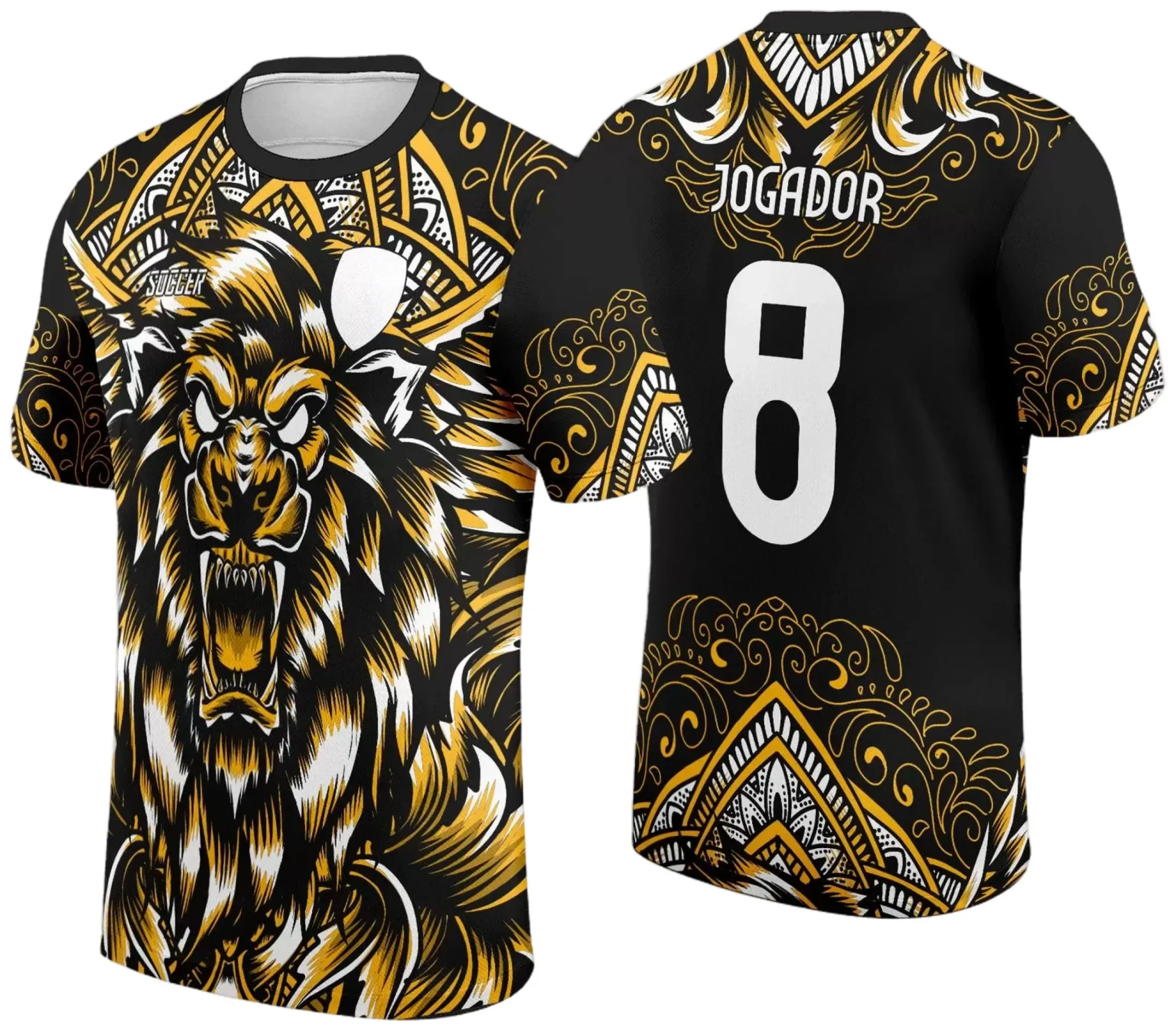 Camiseta unissex preta com logo no peito e estampa grande nas costas mostrando tema Interclasse Jogos Internos 2024 com leão, design vibrante e esportivo, perfeita para eventos escolares e competições.