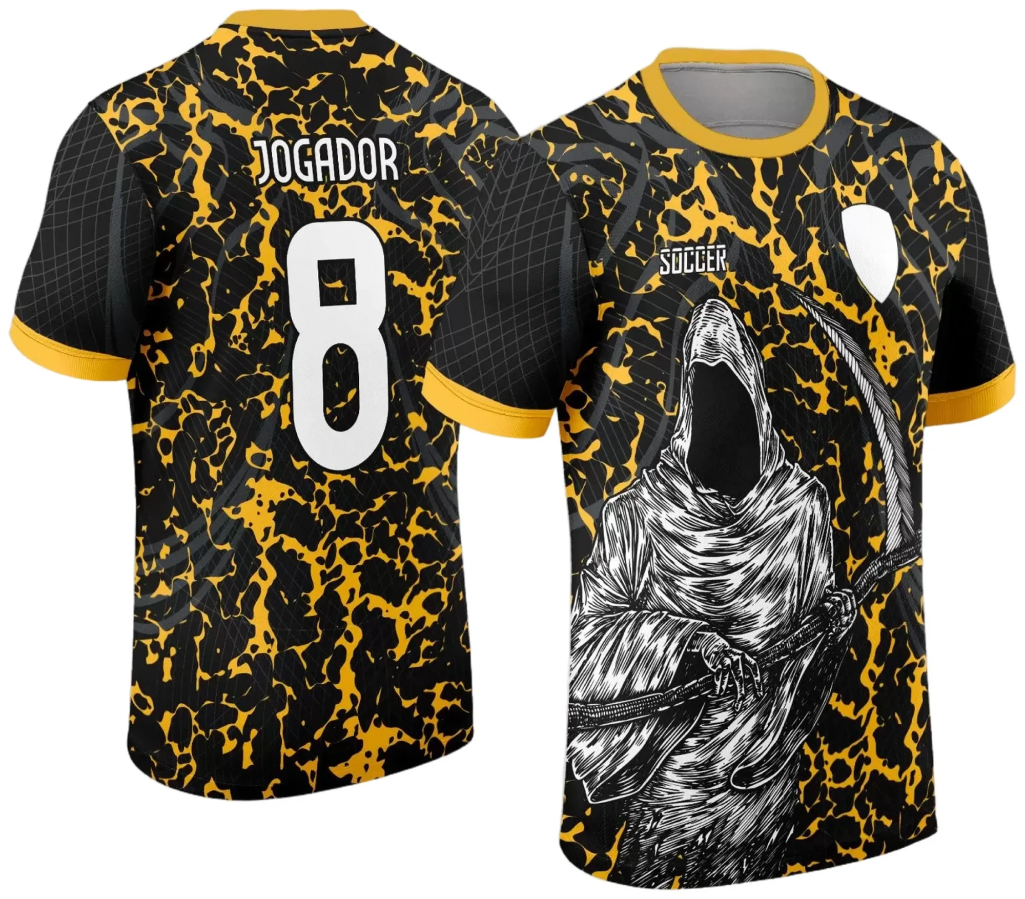 Camiseta preta unissex com logo no peito e estampa grande nas costas do Interclasse Jogos Internos 2024 no tema Pânico, estilo moderno e esportivo, perfeita para eventos escolares e confraternizações.