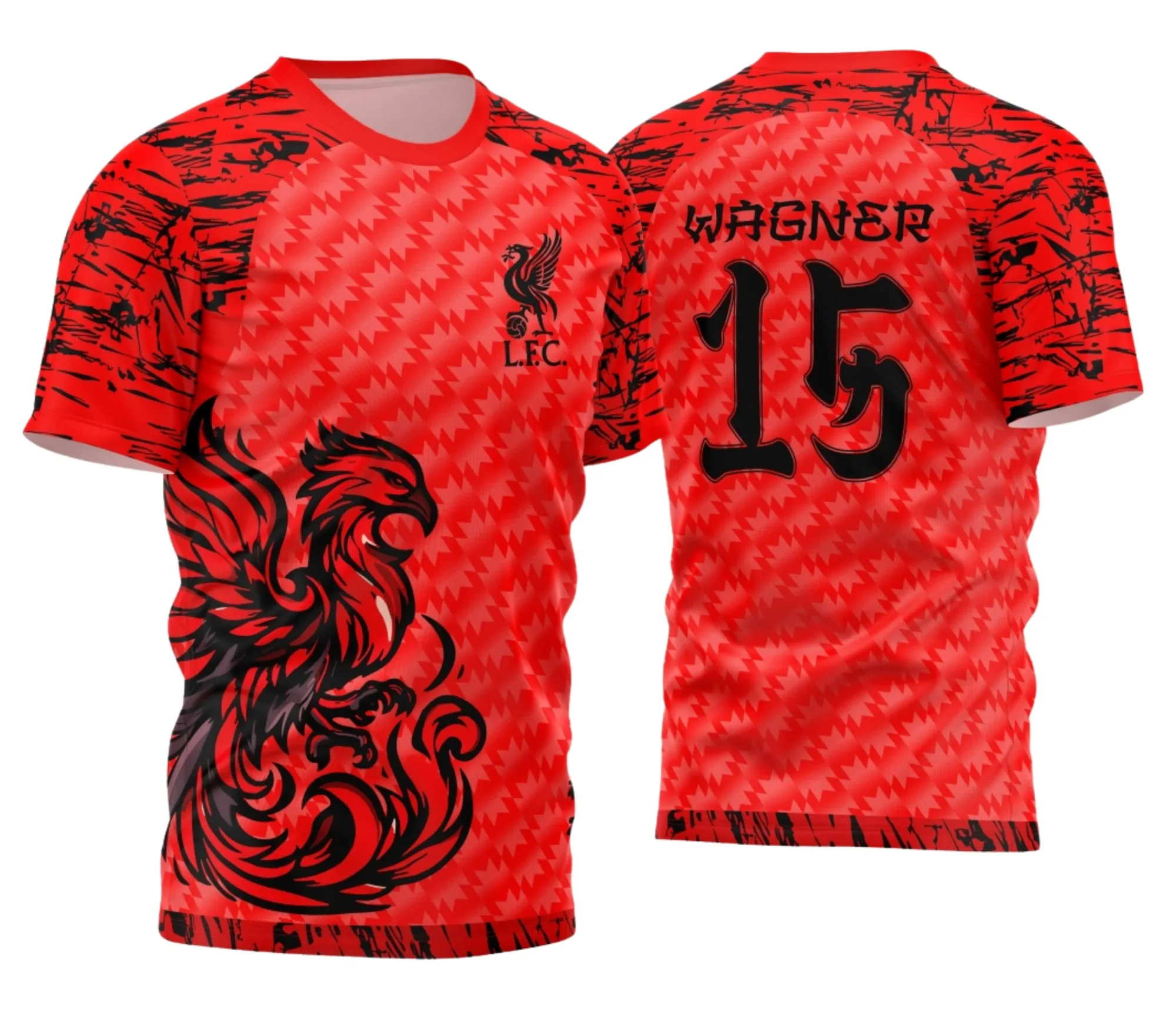 Foto de camiseta unissex preta com logo no peito e estampa grande nas costas, tema InterClasse Fênix Vermelha, ideal para ocasiões especiais e uso casual.