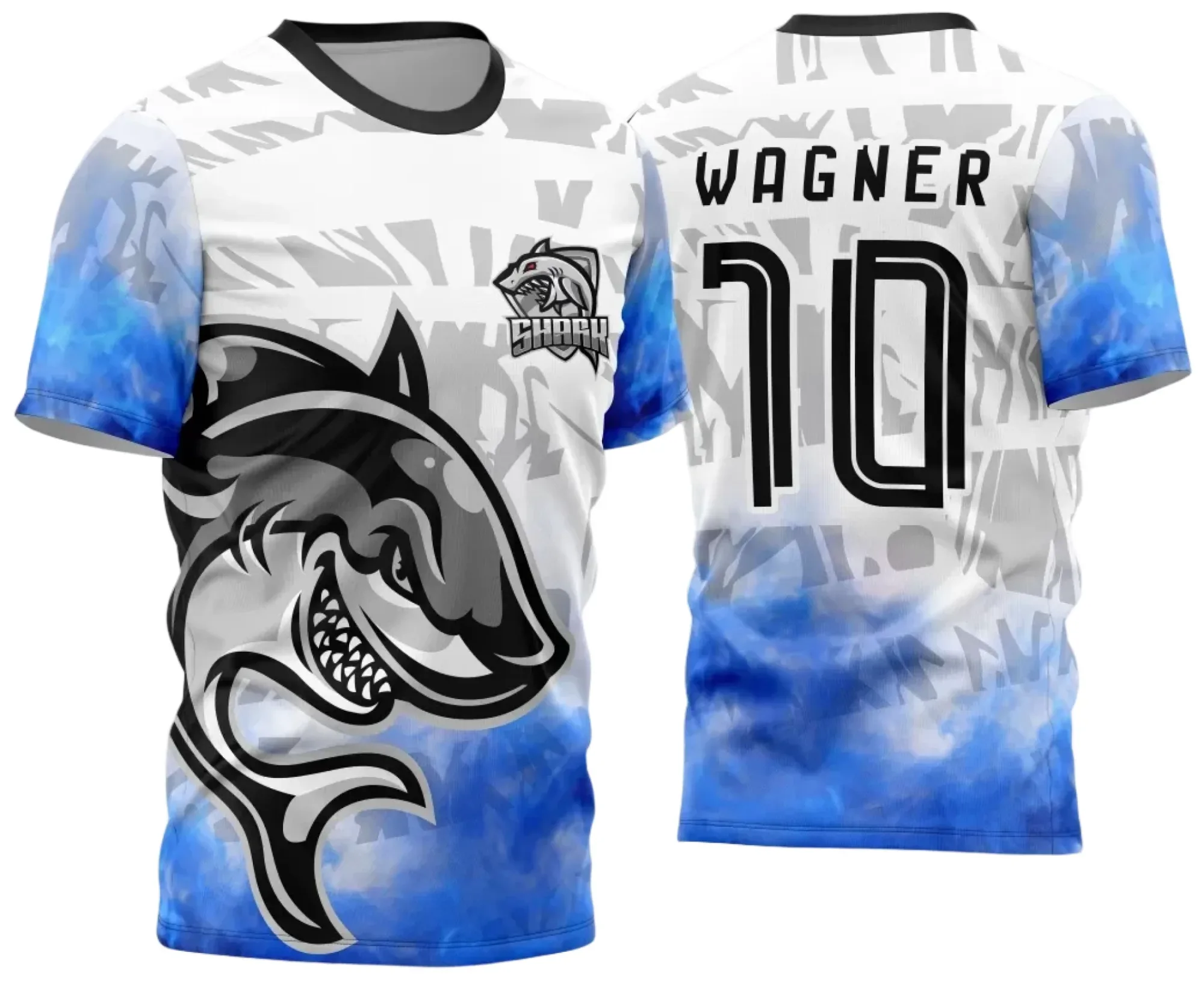 Camiseta unissex preta com logo no peito e estampa grande nas costas, com tema InterClasse Tubarão, estilo moderno e marcante para uso casual.