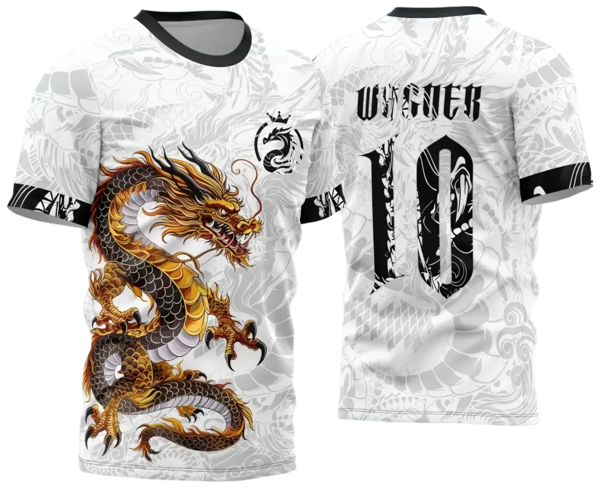 Camiseta unissex preta com logo no peito e estampa grande nas costas, tema InterClasse Dragão 2024 modelo 22, design moderno e vibrante para destaque em qualquer ocasião.