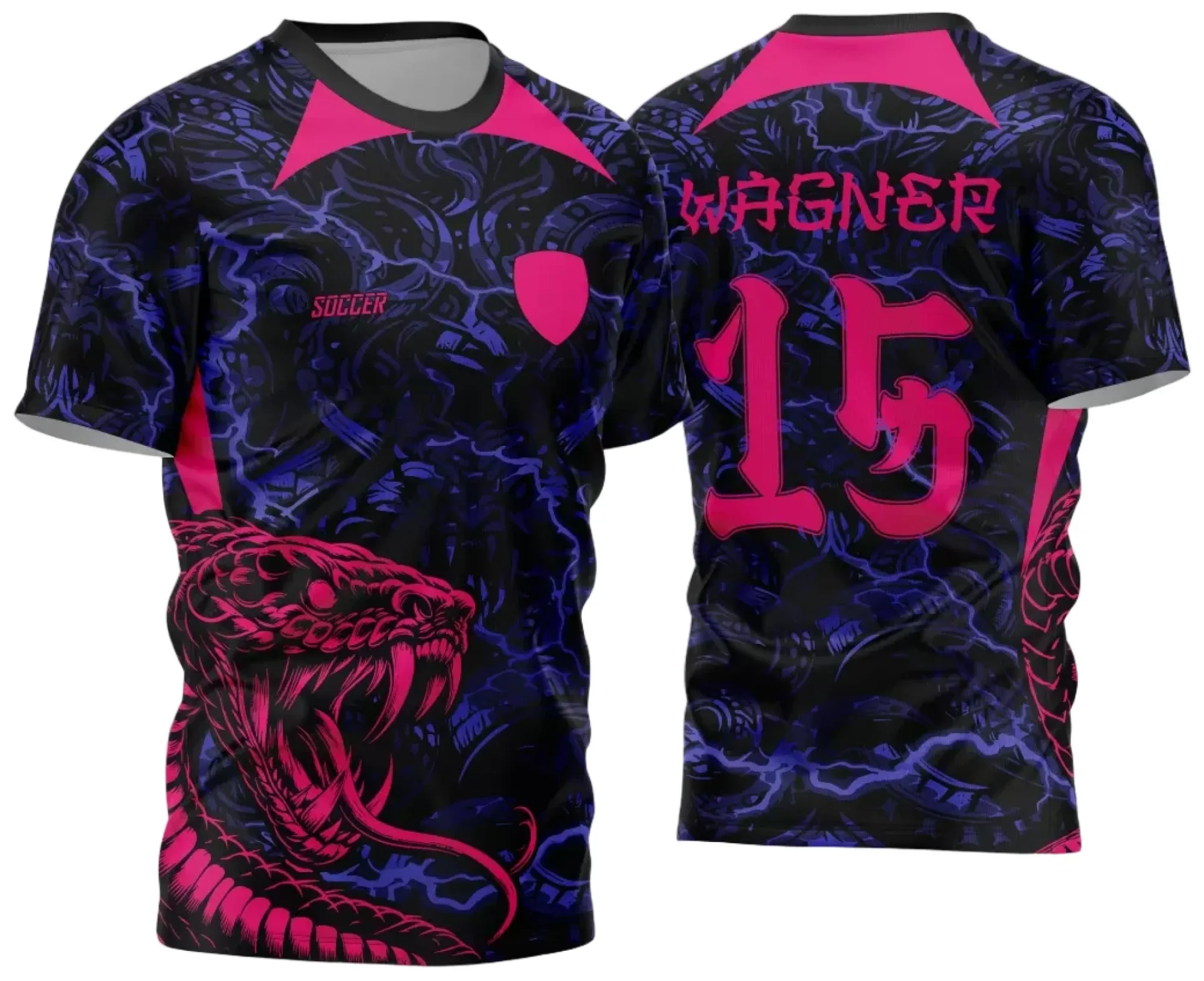 Camiseta unissex preta com logo no peito e estampa grande nas costas do tema Interclasse Cobra Rosa 2024, ideal para eventos escolares e times.