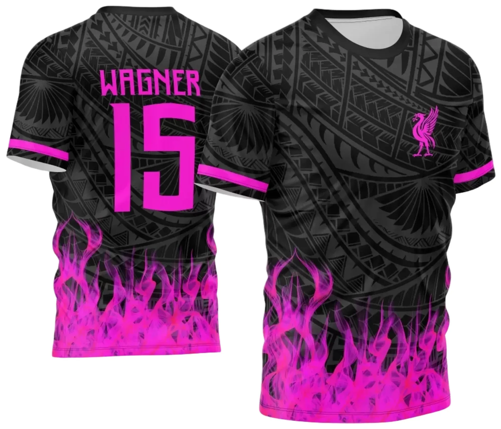 Camiseta unissex preta com logo no peito e estampa grande nas costas inspirada em tribal e fogo para evento interclasse 2024, visual marcante e moderno.