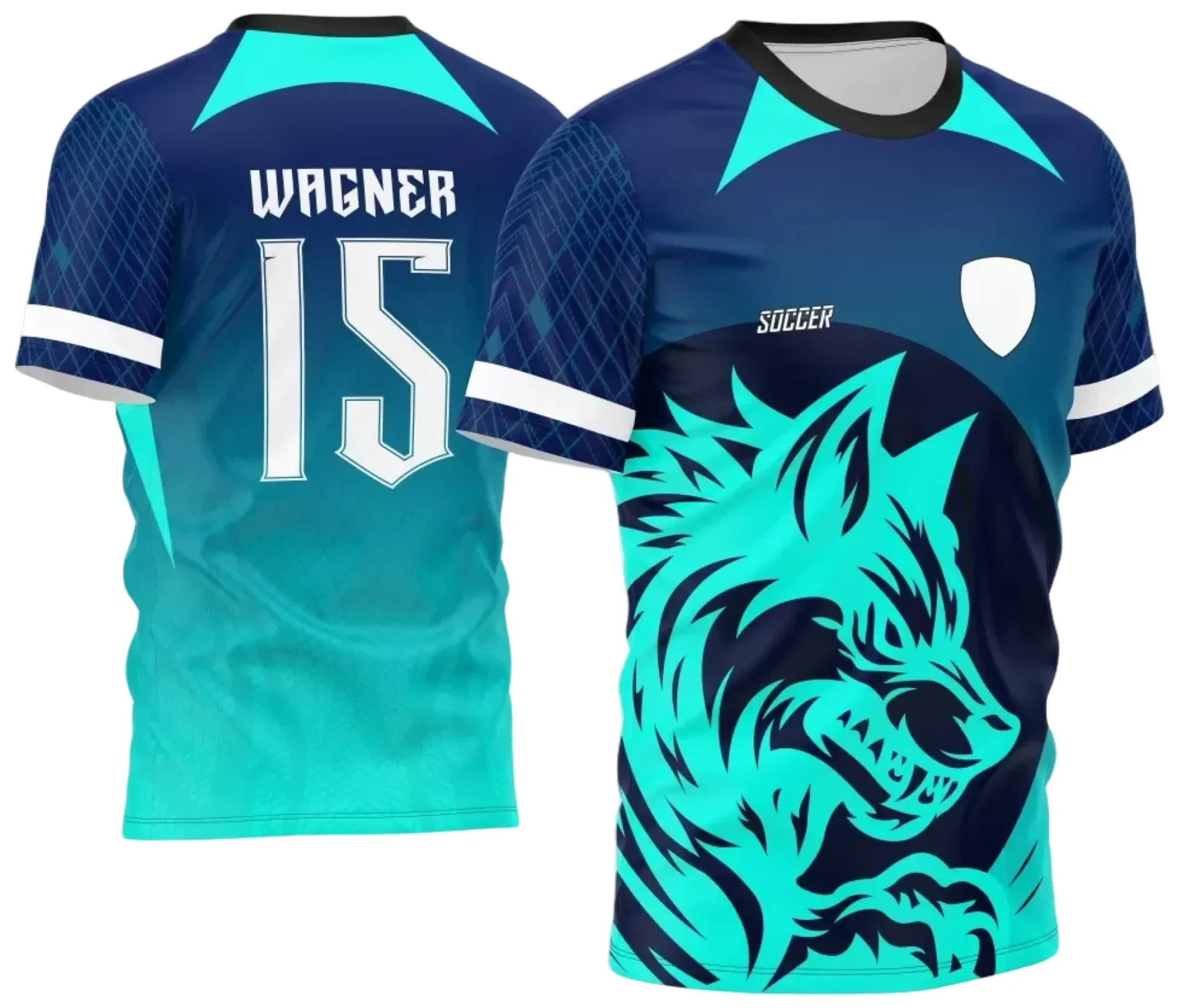 Camiseta unissex preta com logo no peito e estampa grande nas costas mostrando um lobo em degrade, design impactante para identificar seu time no interclasse.