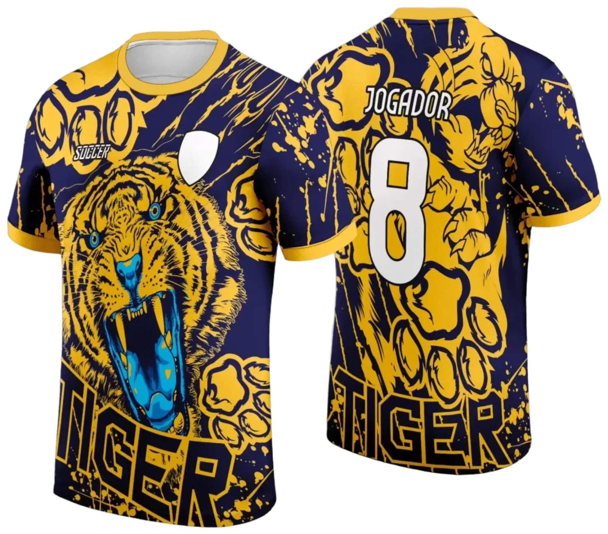 Camiseta unissex preta com logo no peito e estampa grande nas costas, tema Interclasse Jogos Internos 2024 Tigre Modelo 2, ideal para eventos esportivos e atividades em grupo.