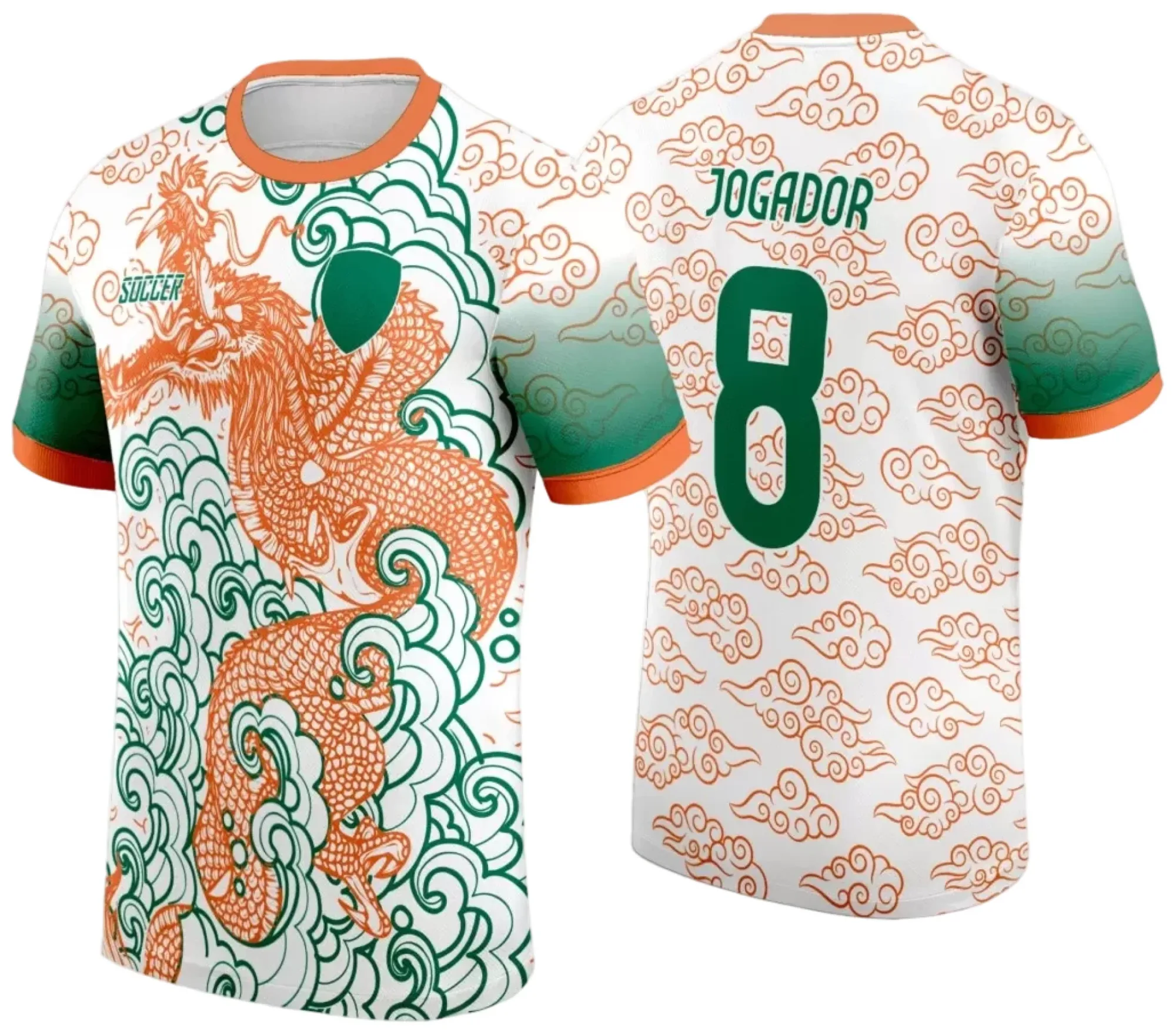 Camiseta unissex branca com logo no peito e estampa grande nas costas, tema de nuvens para os Jogos Internos Interclasse 2024, design moderno e clean, perfeita para eventos esportivos.