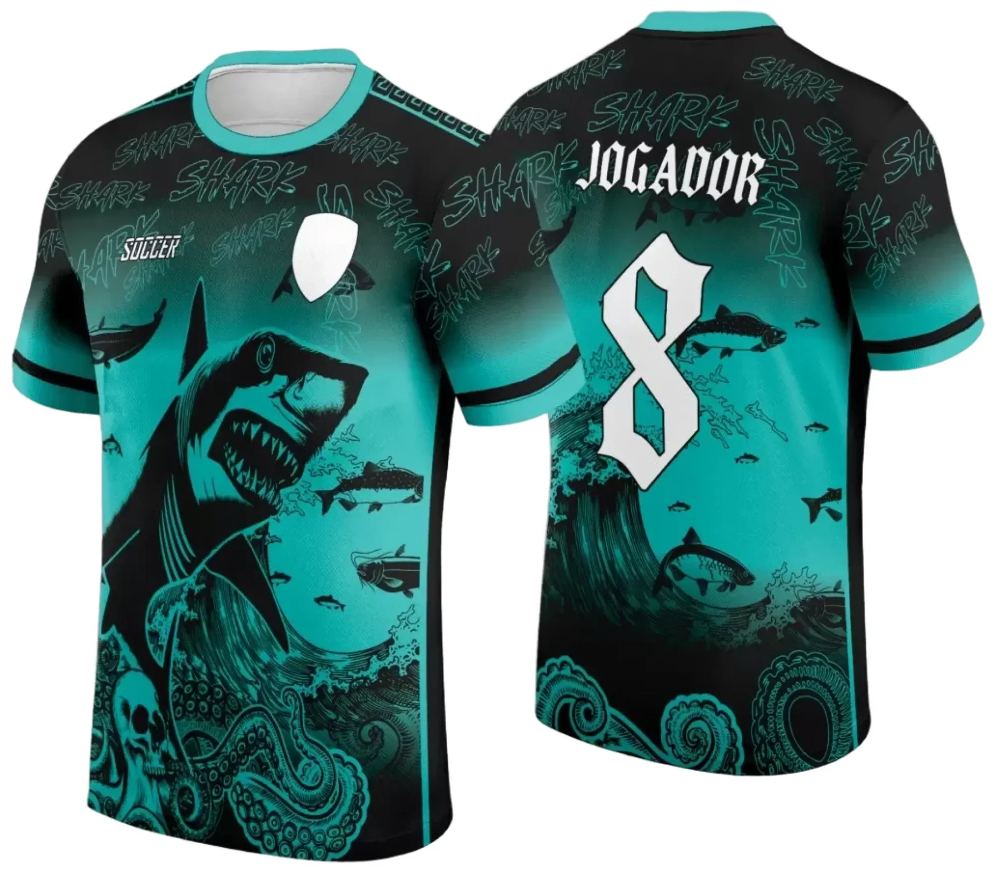 Camiseta unissex preta com logo no peito e estampa grande nas costas com tema Tubarão para Jogos Internos Interclasse 2024, design moderno e esportivo para evento escolar.