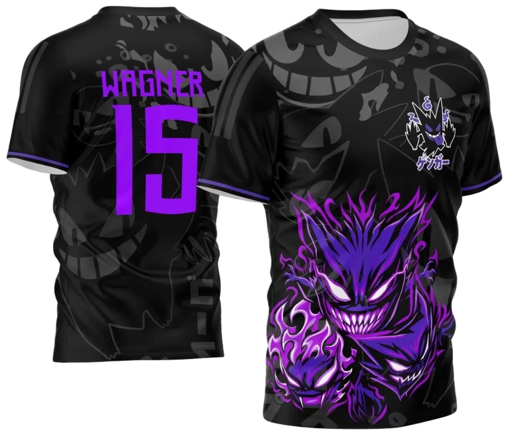 Camiseta preta unissex com logo no peito e estampa grande nas costas do personagem Gengar para Camisa InterClasse 2024 modelo 4, perfeita para eventos escolares e fãs de jogos.