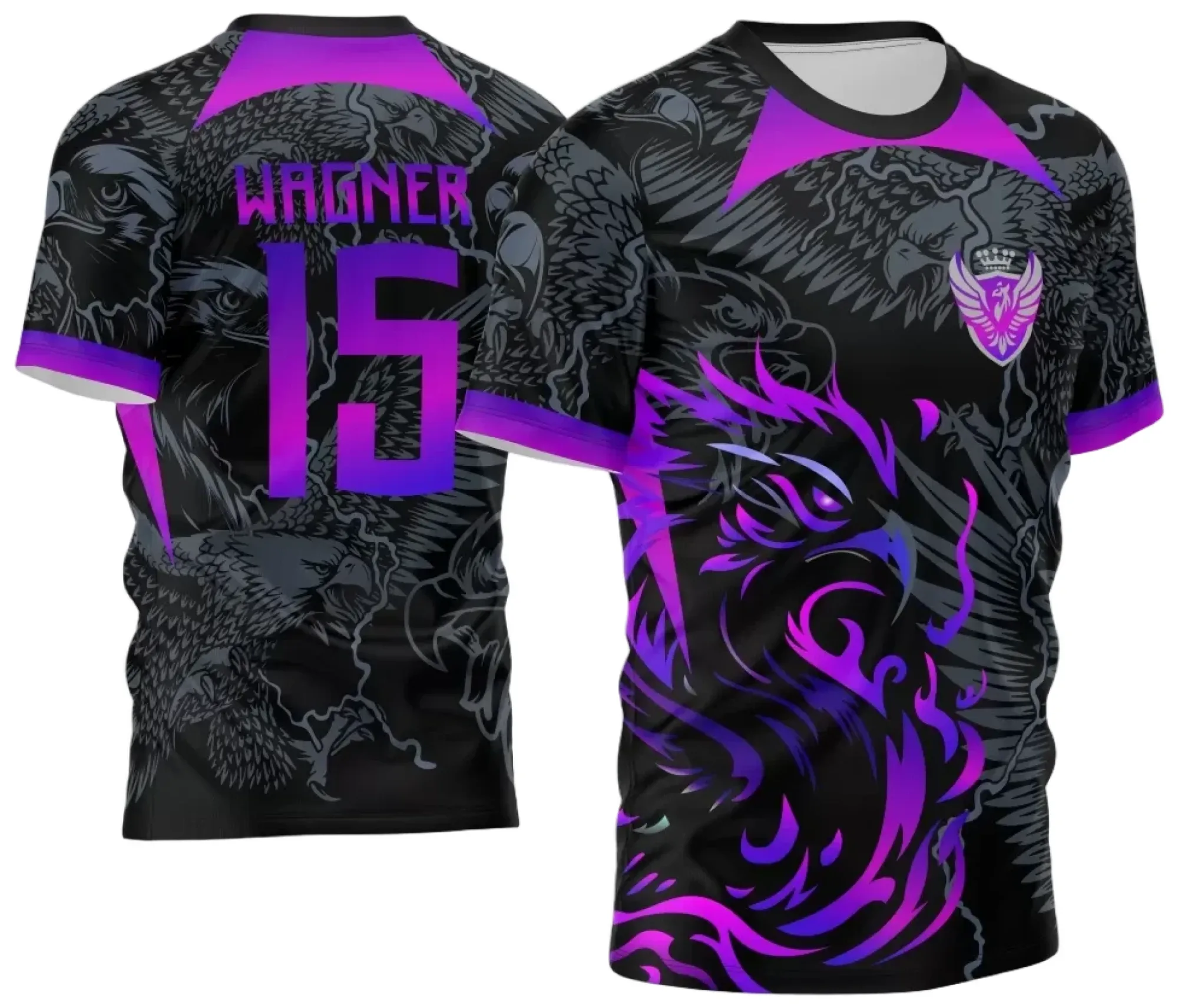 Camiseta unissex preta com logo no peito e estampa grande nas costas com tema Águia InterClasse 2024, design moderno e esportivo, ideal para grupos e eventos escolares.