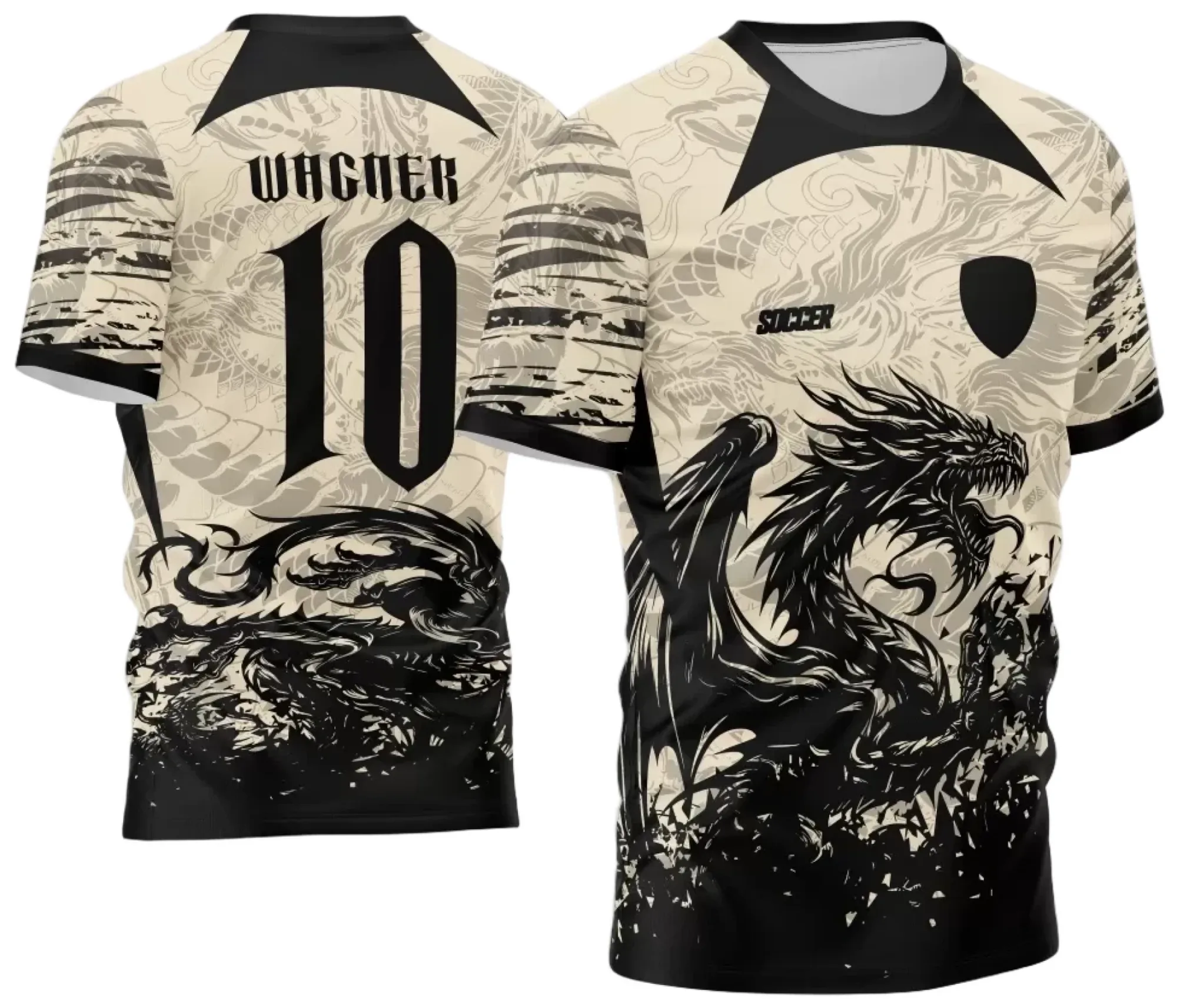 Camiseta unissex preta com logo no peito e estampa grande nas costas ilustrando um dragão poderoso para o InterClasse 2024 modelo 3, perfeita para eventos e turmas.