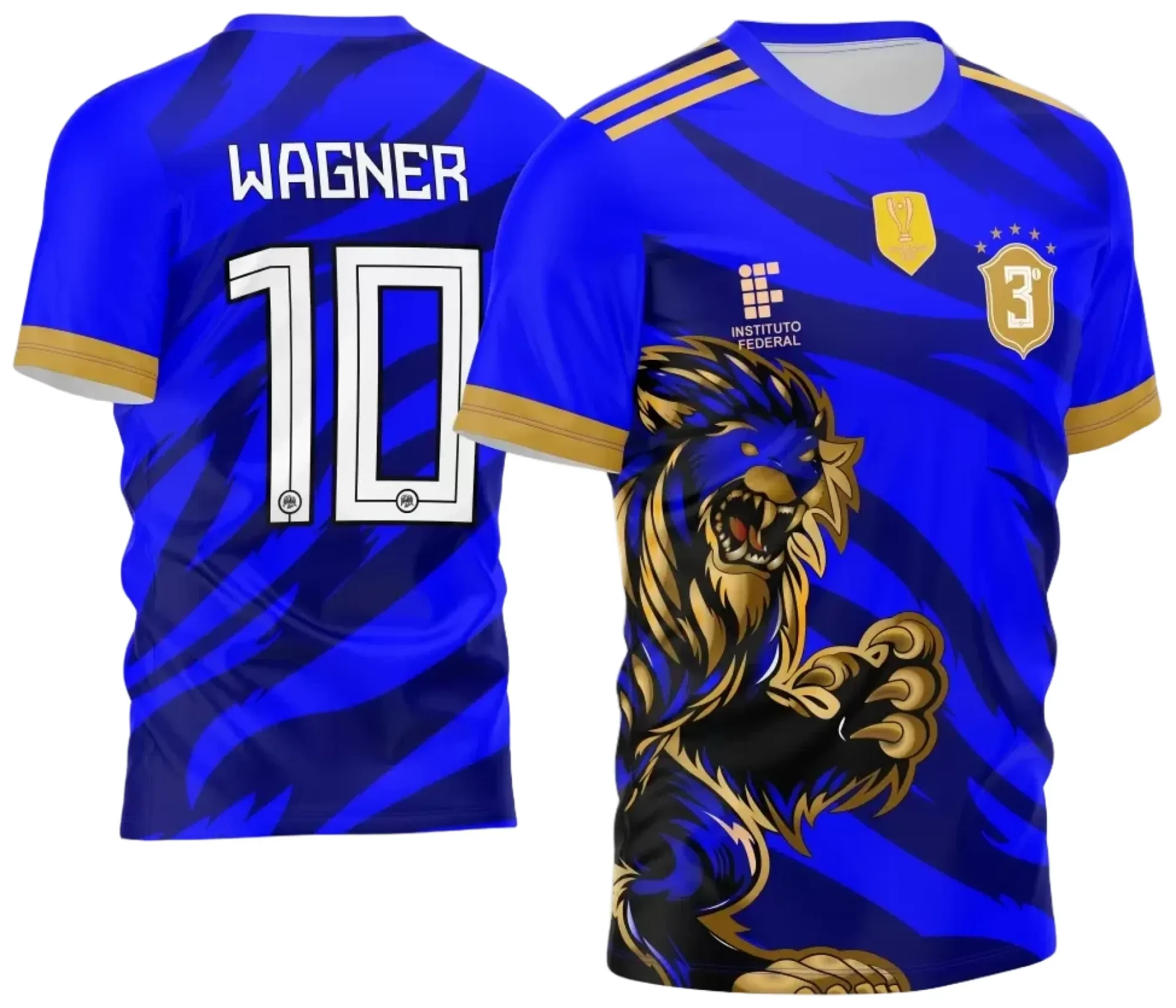 Camiseta unissex preta com logo no peito e estampa grande nas costas mostrando um leão azul estilizado, representando a InterClasse 2024, com estilo moderno e marcante.