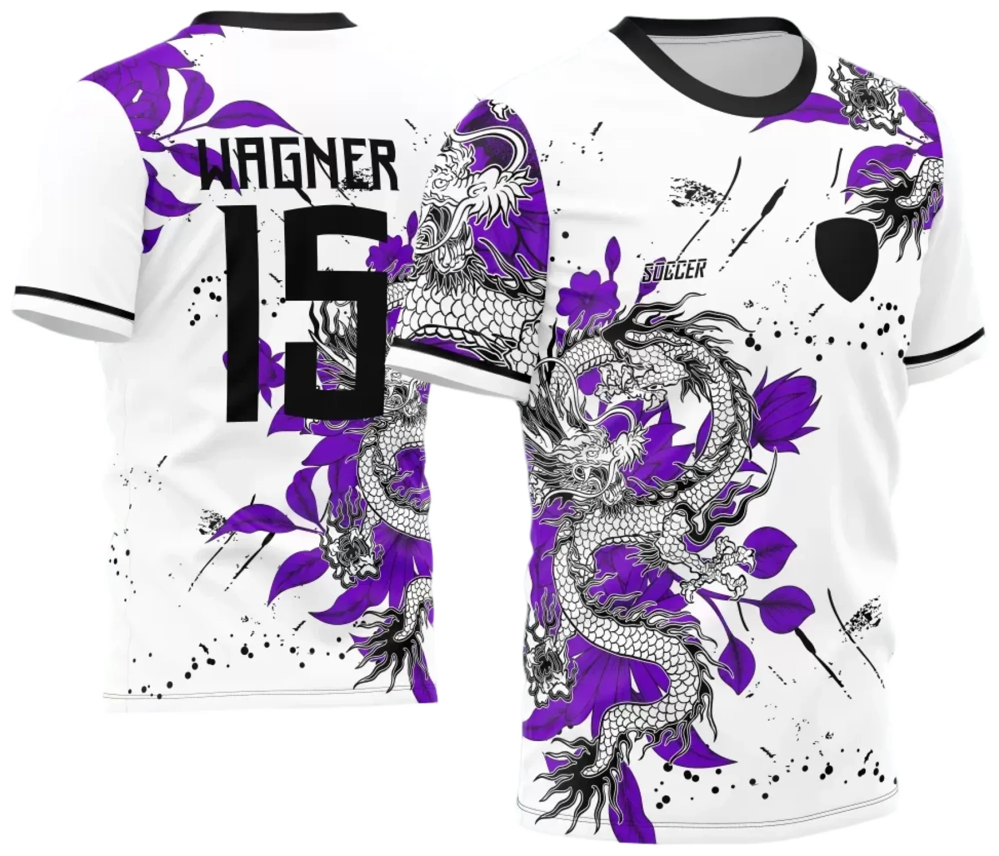 Camiseta unissex preta com logo no peito e estampa grande nas costas de dragão, temática InterClasse 2024, estilo moderno e ousado, perfeita para eventos e uso casual.