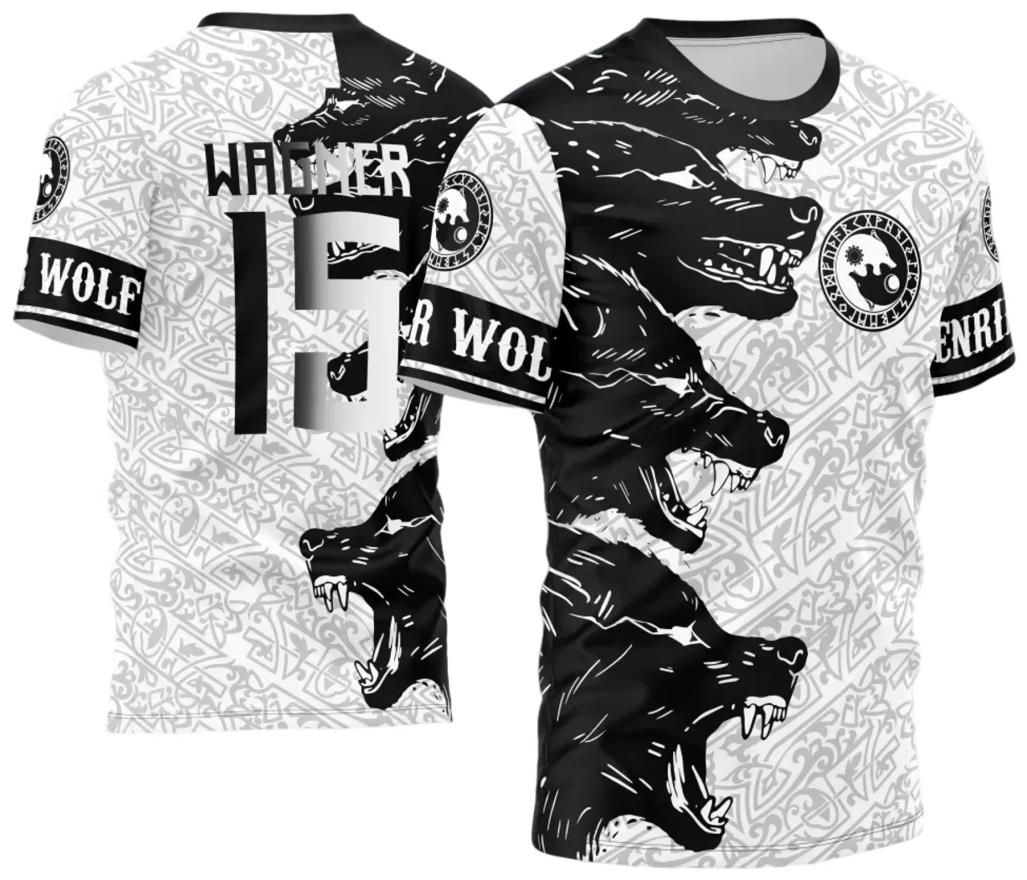 Camiseta unissex preta com logo no peito e estampa grande nas costas, com tema InterClasse 2024 Lobos, perfeita para fãs que querem mostrar orgulho e estilo.