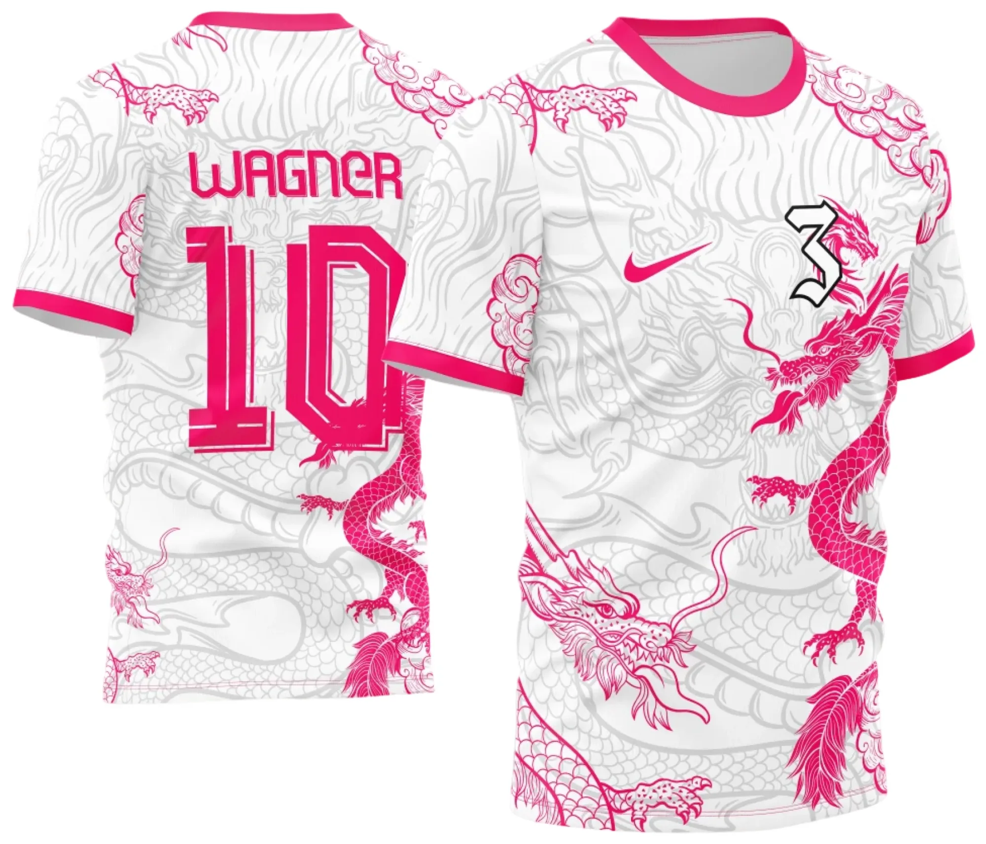 Camiseta unissex com base branca, logo no peito e estampa grande nas costas com tema Futebol Interclasse Dragão Pink White, design moderno e vibrante, perfeita para eventos esportivos.