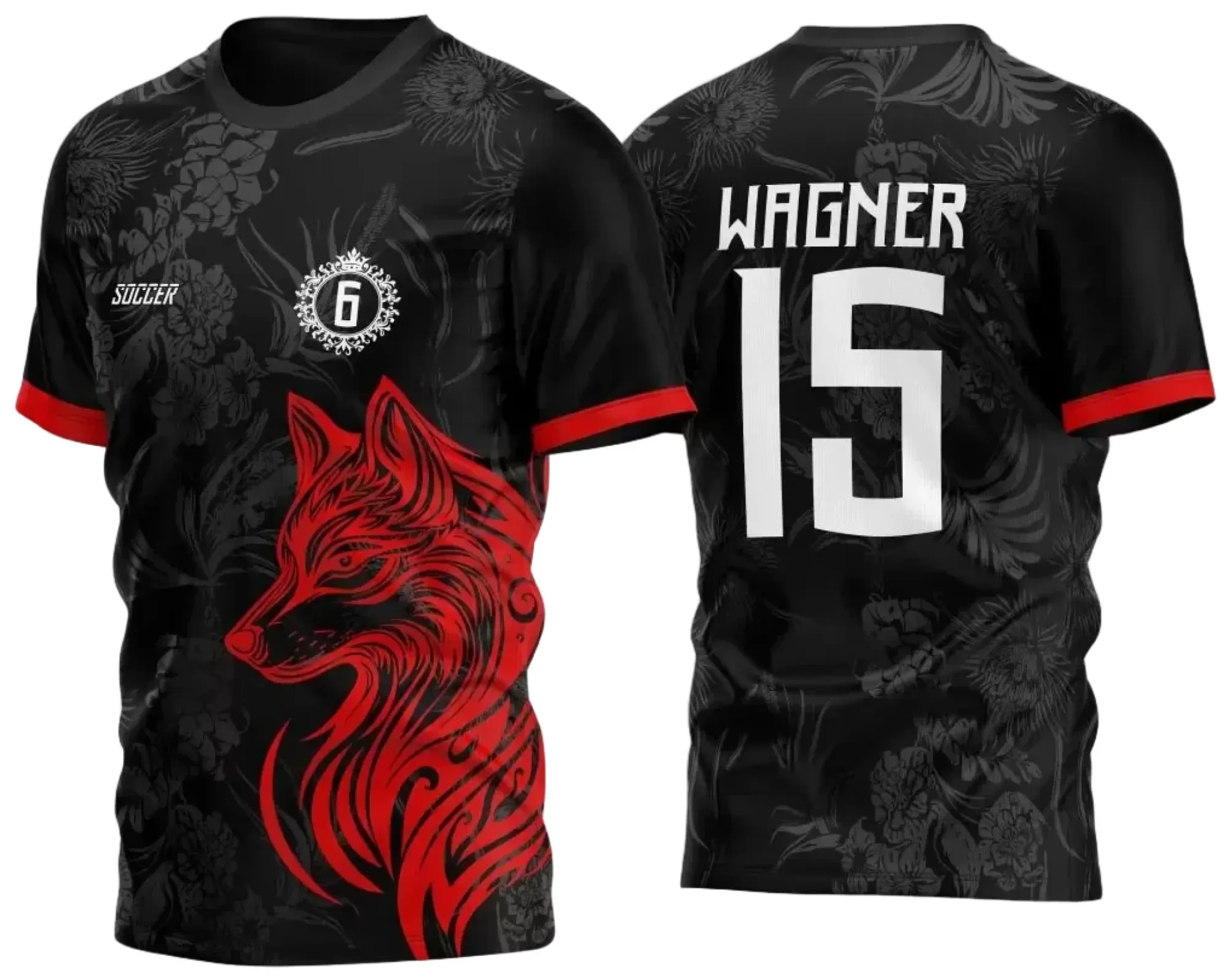 Camiseta unissex preta com logo no peito e estampa grande nas costas representando Lobo Vermelho Tribal, perfeita para futebol interclasse com design tribal marcante.