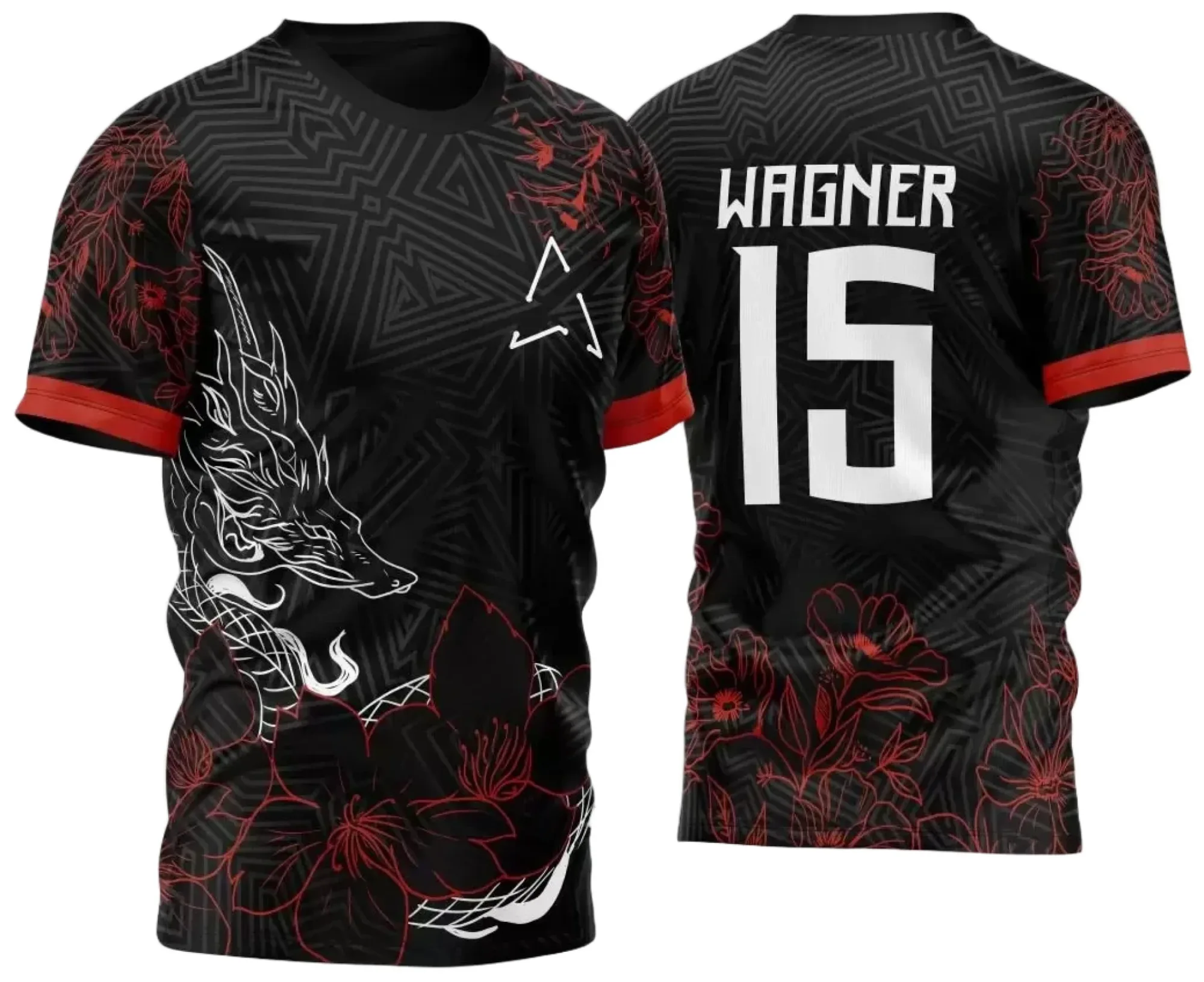 Camiseta unissex preta com logo no peito e estampa grande nas costas, com tema de futebol interclasse floral e dragão chinês, ideal para torcedores e eventos esportivos.