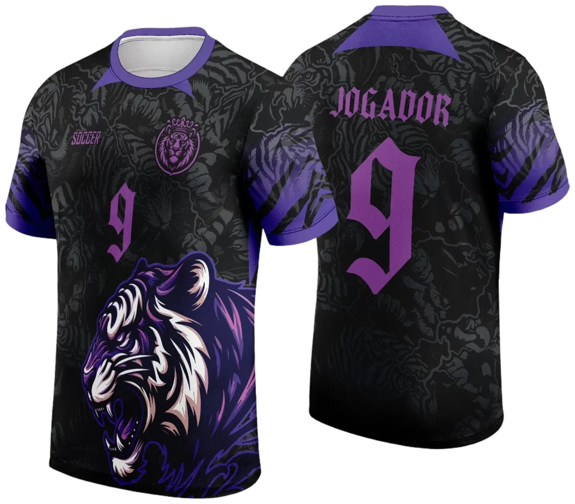 Camiseta unissex preta com logo no peito e estampa grande nas costas mostrando tigre preto e roxo em design InterClasse 2024, ideal para uso casual e eventos temáticos.