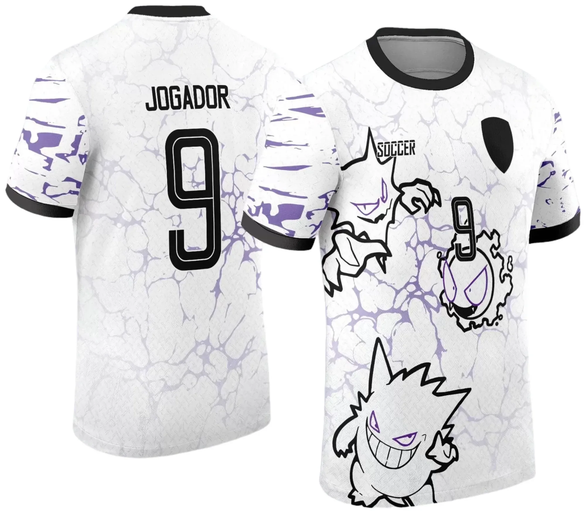 Camiseta unissex preta com logo no peito e estampa grande nas costas com tema Fantasmas Pokémon do InterClasse 2024, ideal para fãs e colecionadores.