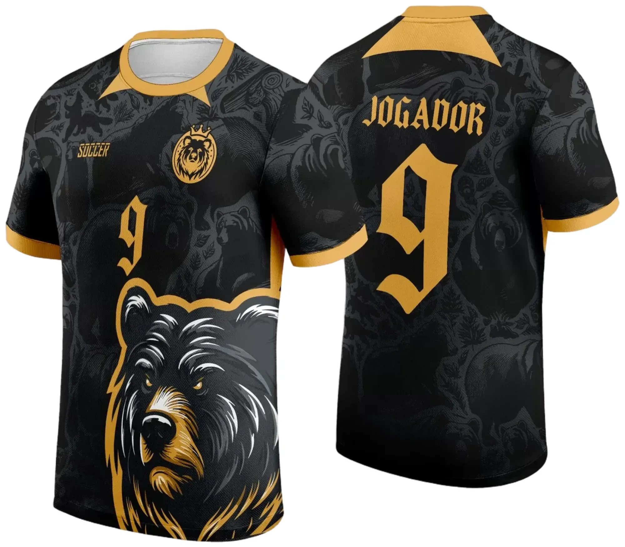 Camiseta unissex preta com logo no peito e estampa grande nas costas destacando Urso Negro com detalhes dourados, perfeita para eventos InterClasse 2024.