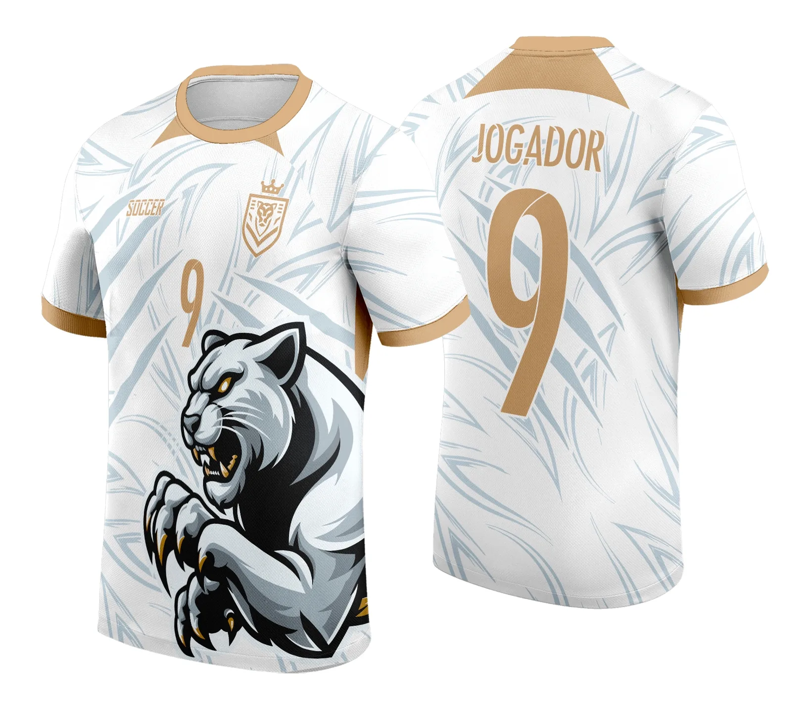 Camiseta unissex preta com logo no peito e estampa grande nas costas da Pantera Branca em dourado, design exclusivo para o InterClasse 2024, visual impactante e elegante.