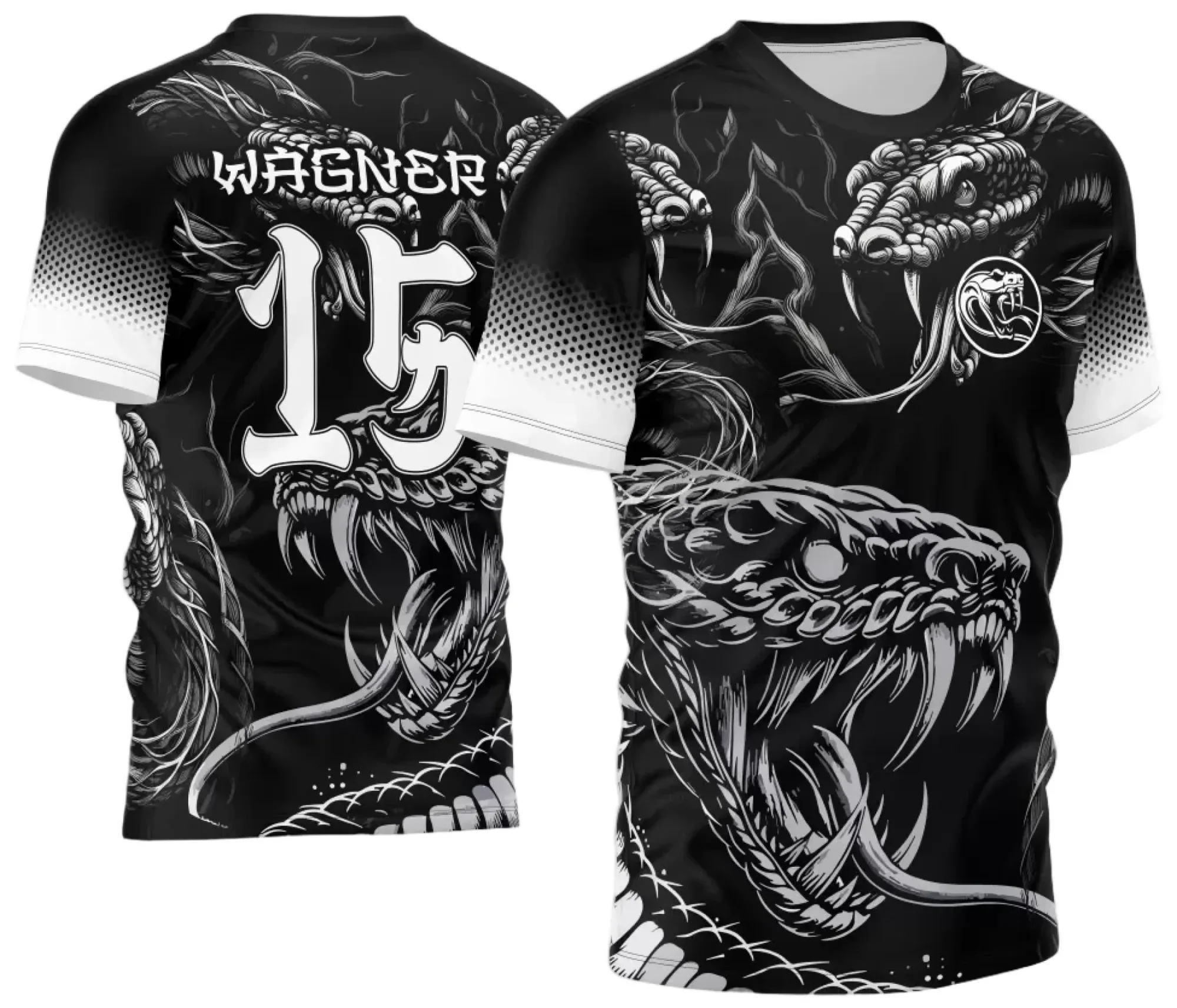 Camiseta unissex preta com logo no peito e estampa grande nas costas representando Serpente do InterClasse 2024, design marcante para quem busca estilo e identidade em eventos e turmas.