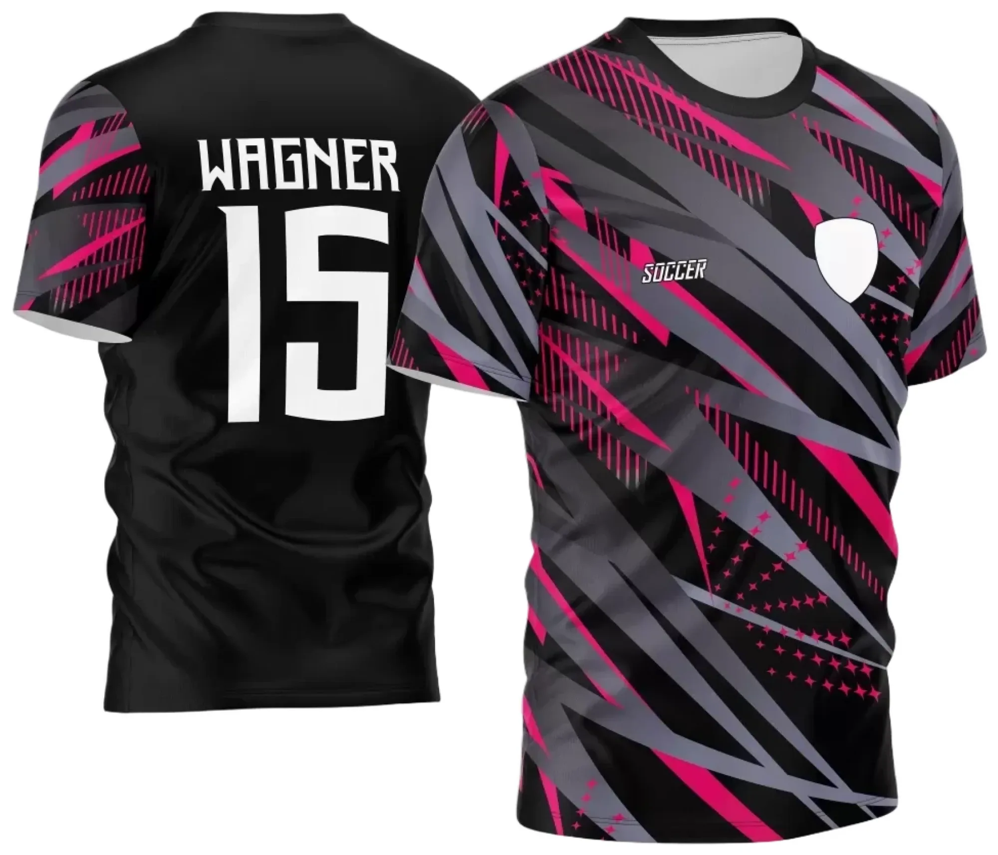 Camiseta unissex preta com logo no peito e estampa grande nas costas, tema InterClasse 2024 modelo 2, design moderno e vibrante, perfeita para eventos e confraternizações.