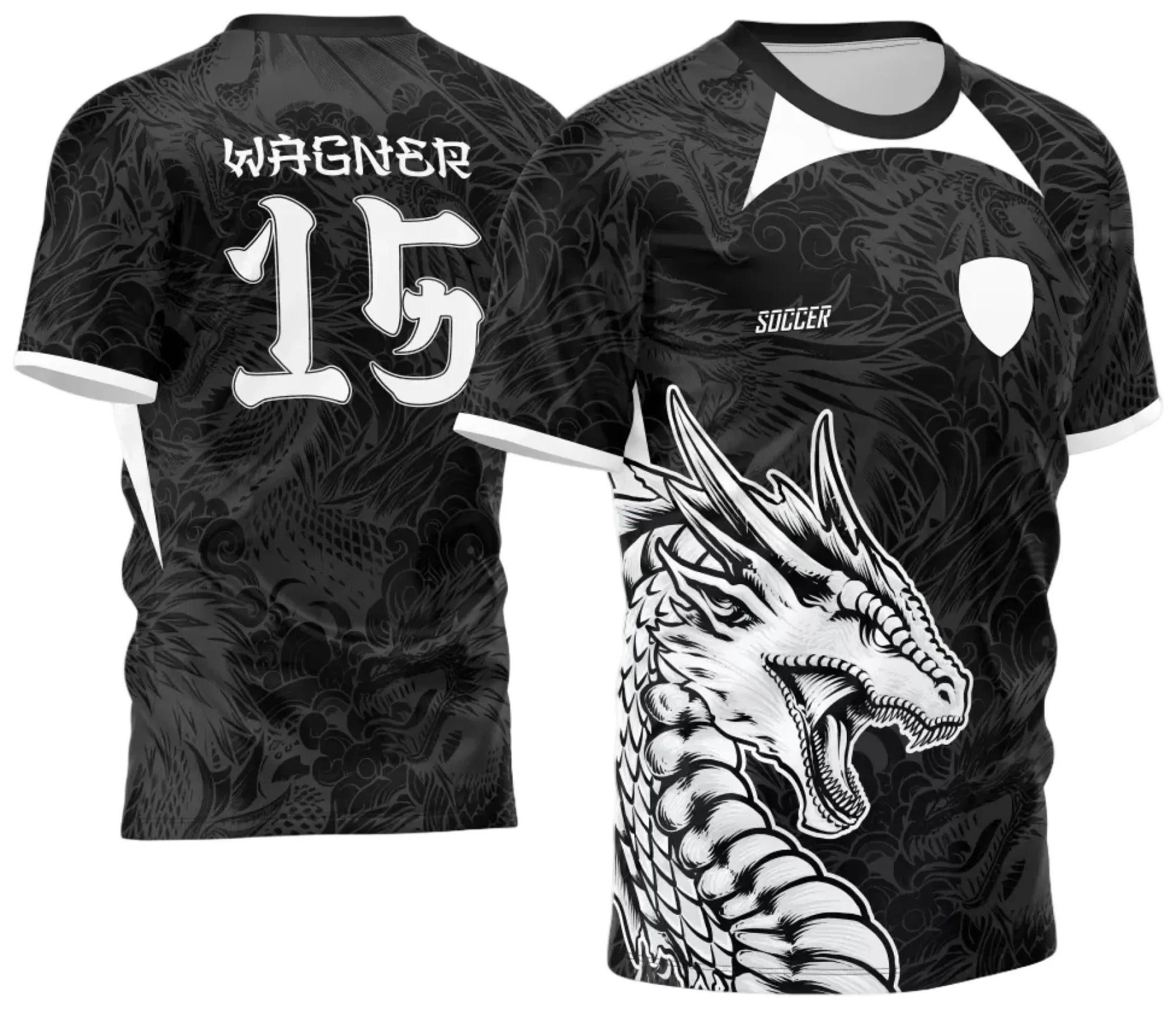 Camiseta unissex preta com logo no peito e estampa grande nas costas, tema Dragão inspirado no InterClasse 2024, perfeita para quem busca estilo marcante.