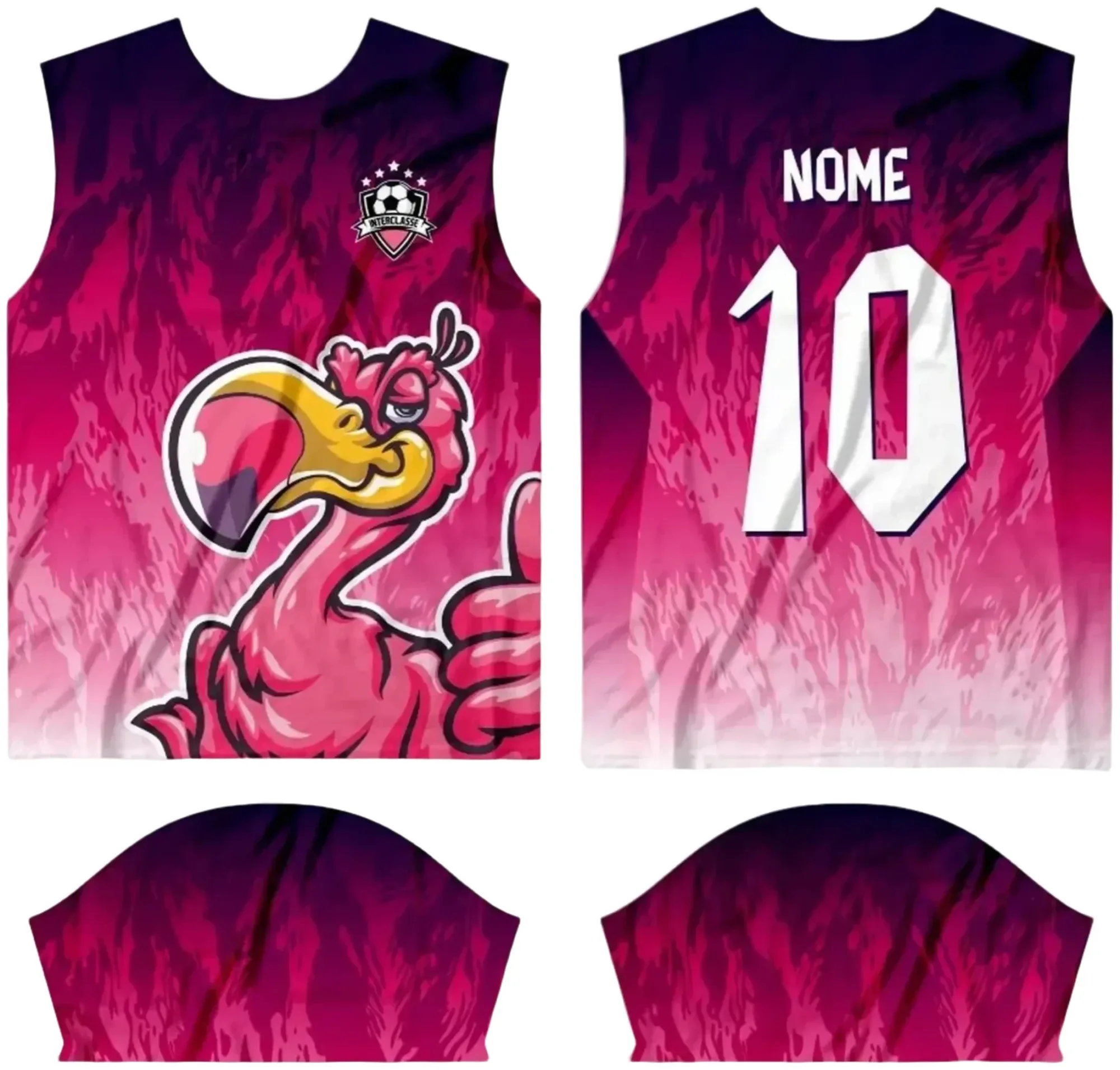 Camiseta unissex branca com logo no peito e estampa grande nas costas, inspirada no Interclasse 2024 modelo 5, ideal para eventos escolares e competições estudantis.