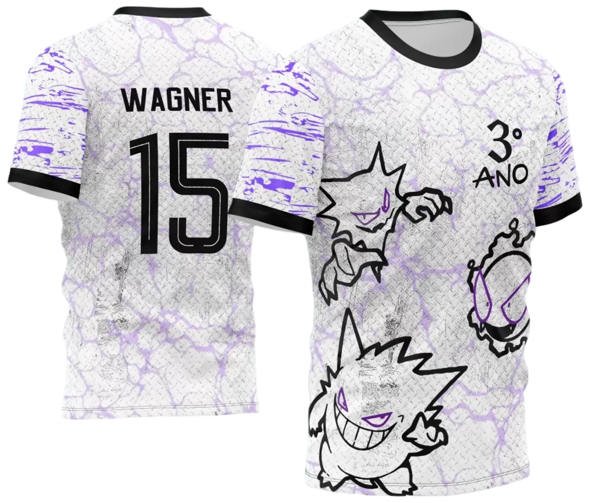 Camiseta unissex preta com logo no peito e estampa grande nas costas de Gengar do InterClasse 2024, modelo 7, perfeita para fãs e colecionadores.