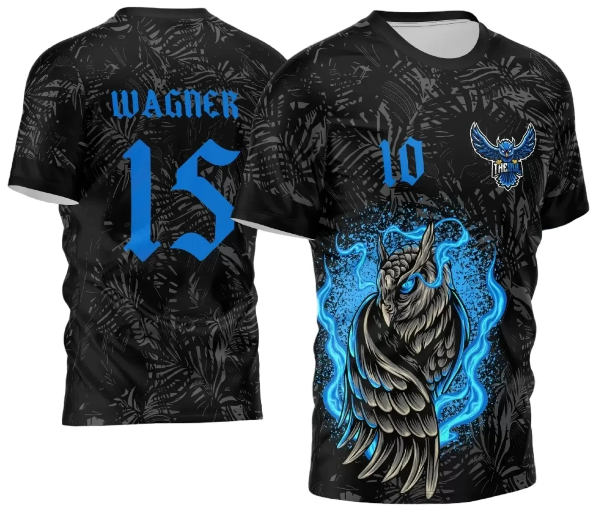 Camiseta unissex preta com logo no peito e estampa grande nas costas com tema Coruja para InterClasse 2024, ideal para eventos escolares e turmas.