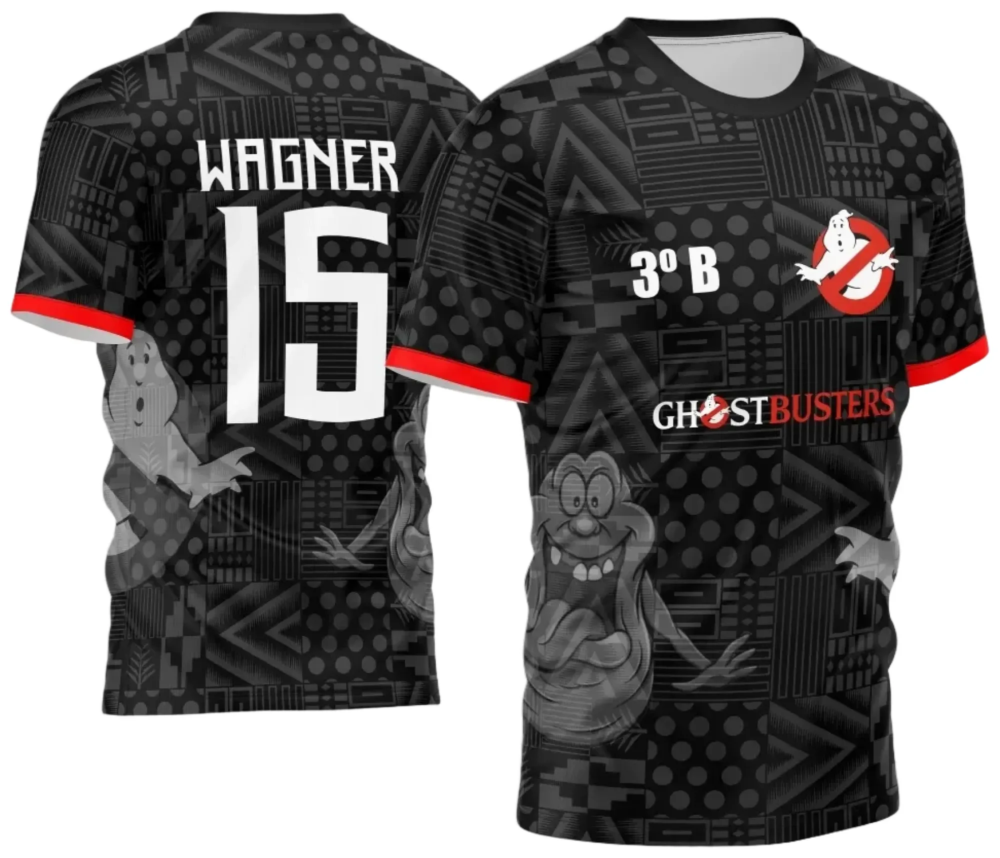 Camiseta unissex preta com logo no peito e estampa grande nas costas, tema Ghostbusters InterClasse 2024, modelo 2, estilo moderno e descolado.