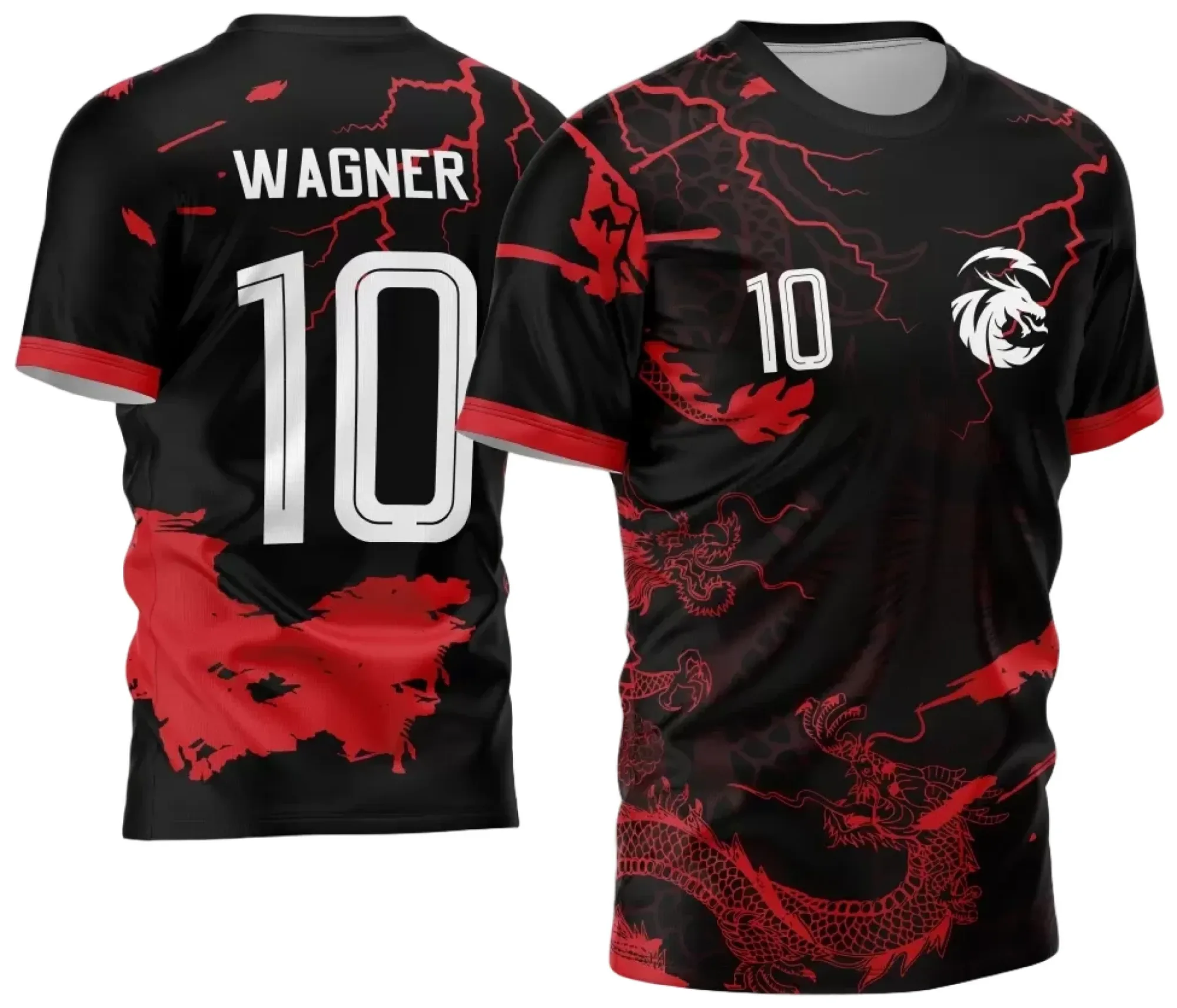 Camiseta unissex preta com logo no peito e estampa grande nas costas mostrando o tema InterClasse Dragão 2024 modelo 23, ideal para fãs do estilo marcante e moderno.