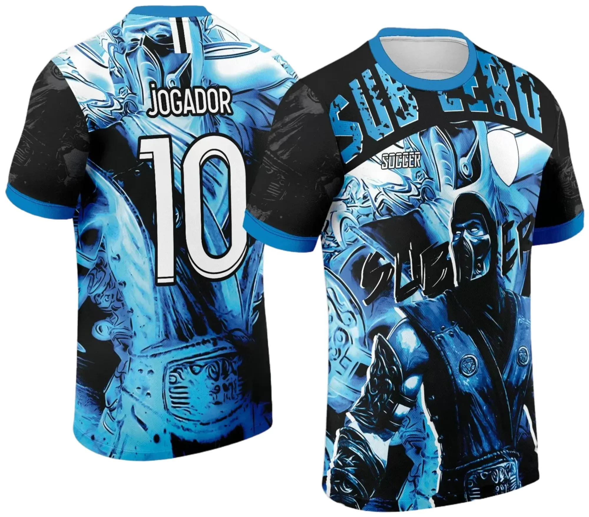 Camiseta unissex preta com logo no peito e estampa grande nas costas com tema Mortal Kombat Sub Zero, perfeita para fãs da saga e estilo gamer marcante.