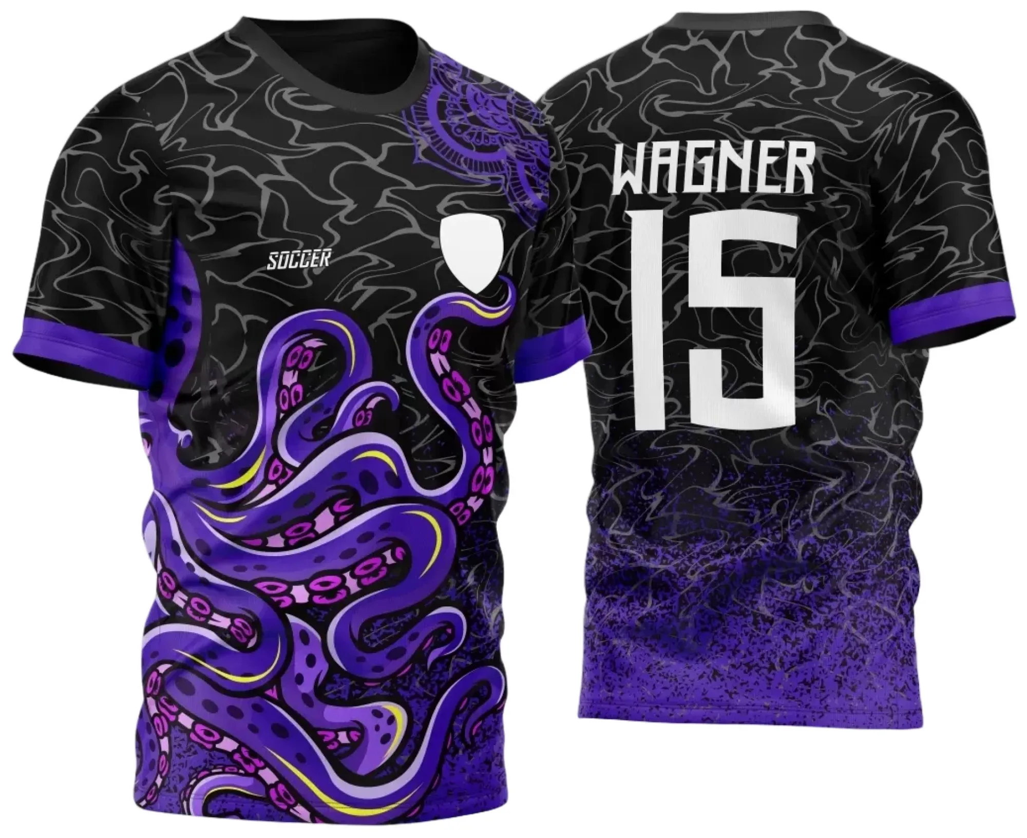 Camiseta unissex preta com logo no peito e estampa grande nas costas mostrando tema InterClasse Polvo Roxo Particulas 2024, design moderno e vibrante ideal para eventos e uso casual.