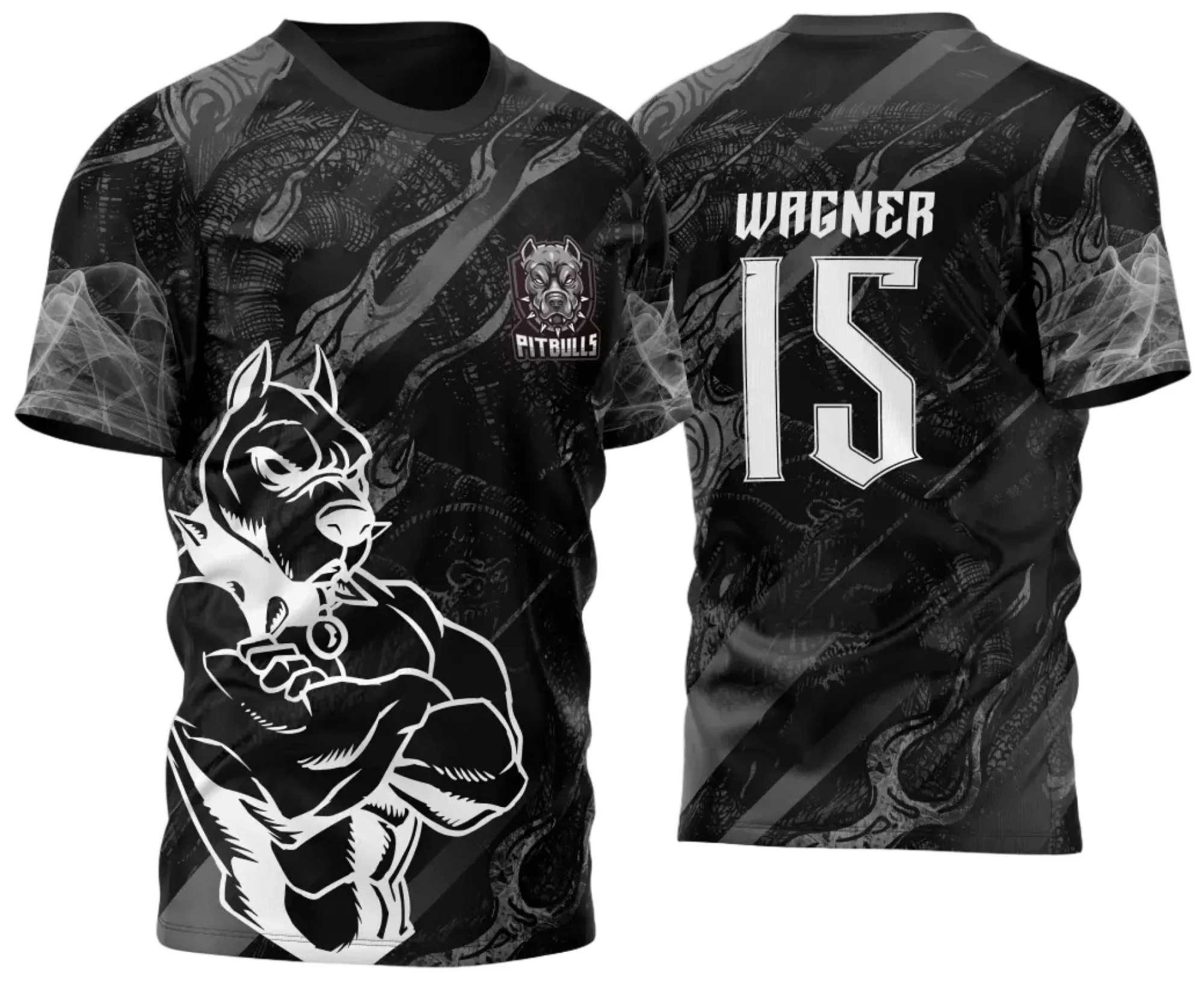 Camiseta unissex preta com logo no peito e estampa grande nas costas com tema InterClasse Pitbull of Dragon 2025 em preto e branco