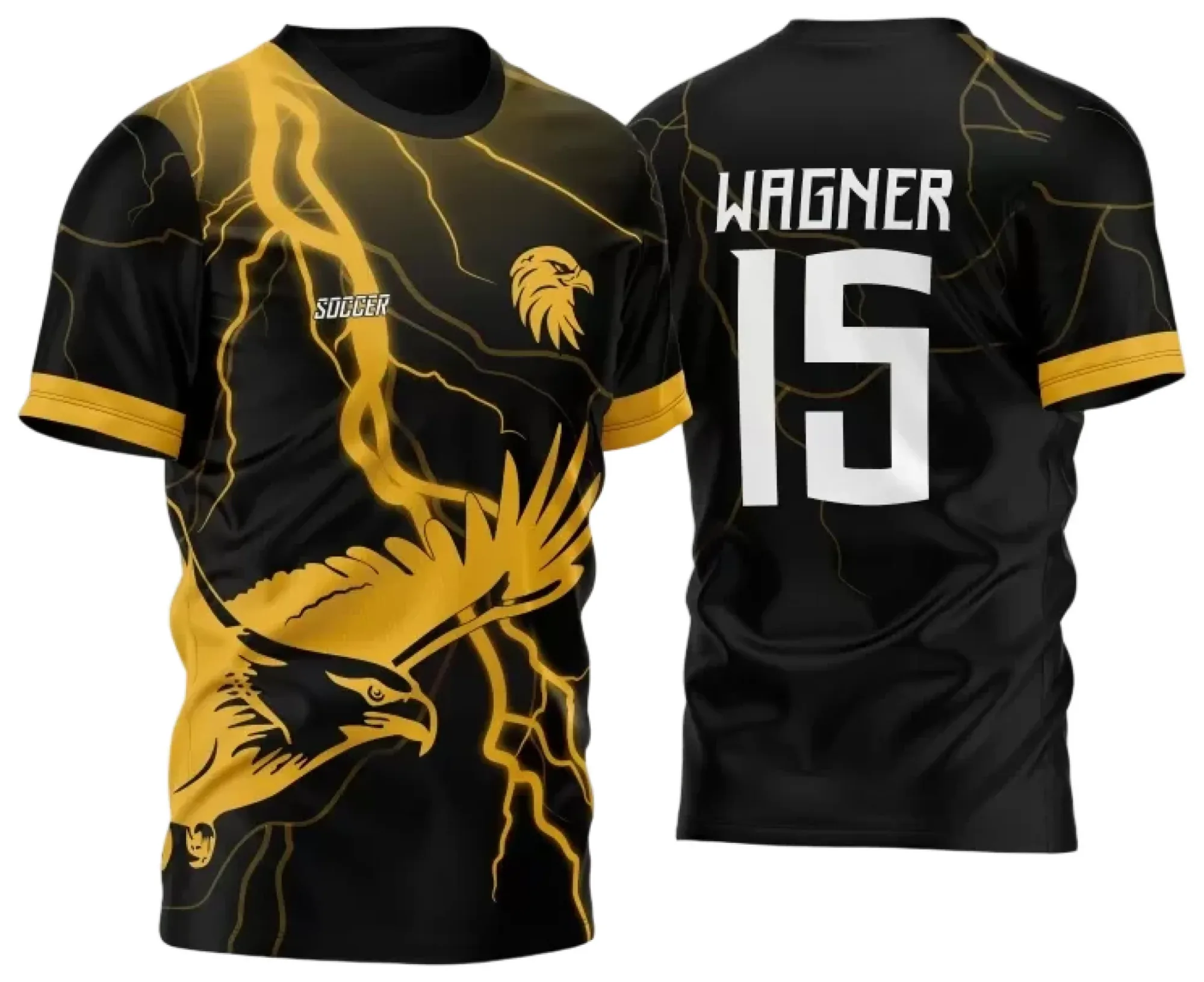 Camiseta unissex preta com logo no peito e estampa grande nas costas do modelo 42 InterClasse 2024 Águia Dourada, design imponente e detalhado, perfeita para eventos e uniformes.