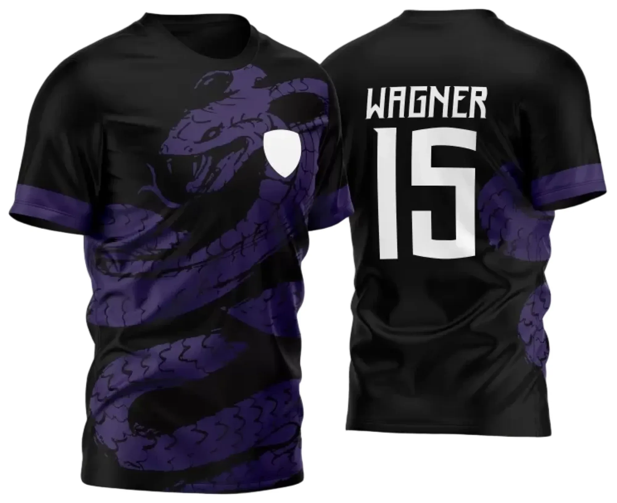 Camiseta unissex preta com logo no peito e estampa grande nas costas com design de cobra moderna, combinando estilo e atitude para ocasiões especiais.