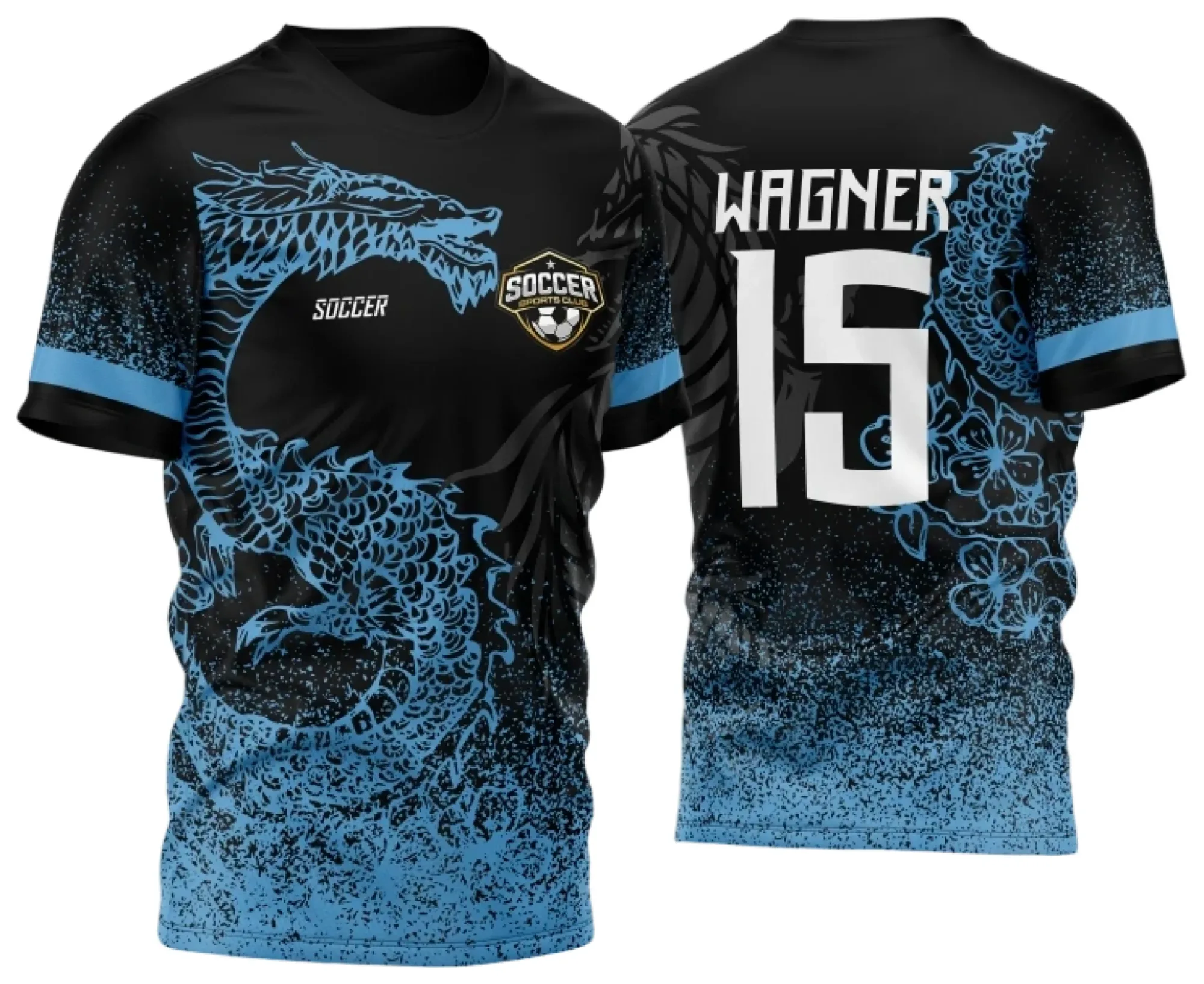 Camiseta preta unissex com logo no peito e estampa grande nas costas mostrando dragão azul detalhado, ideal para quem busca estilo e personalidade na InterClasse 2024.